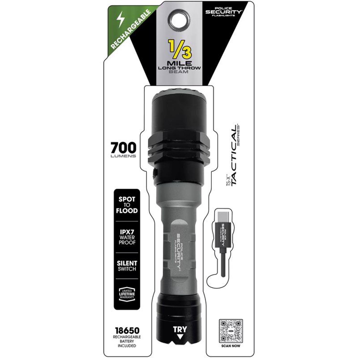 POLICE SECURITY PLAEITS RECHARGEABLE 1/3 MILE LONG THROW BEAM 700 LUMENS SPOT TO FLOOD IPX7 WATER PROOF SILENT SWITCH SE ECURITY POLICE SS TS-X ACTICAL TA SECURITY UMIEO LIFETIME BASANTT 18650 RECHARGEABLE BATTERY INCLUDED TRY SCAN NOW