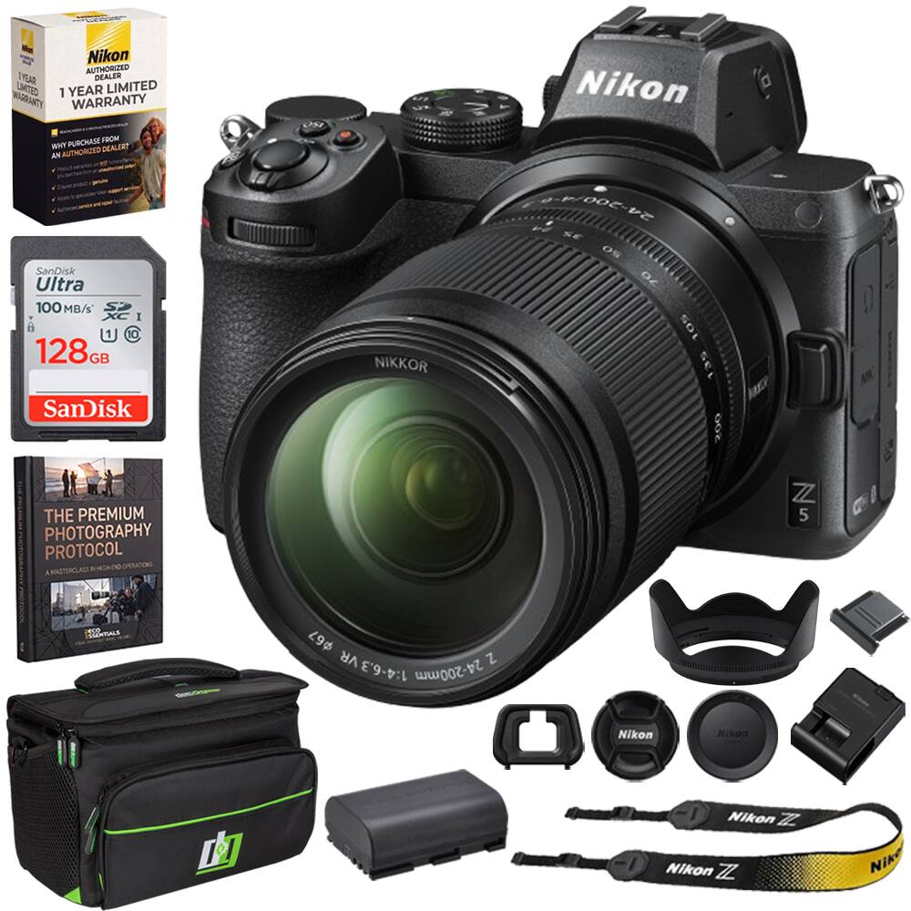 Nikon AUTHORIZED DEALER LIMITED 1 YEAR LIMITED WARRANTY PURCHASE FROM AN AUTHORIZED DEALER

SanDisk Ultra 100 MB/s SDXC I 128GB

THE PREMIUM PHOTOGRAPHY PROTOCOL

NIKKOR

Nikon 54-500-4-6 50 70 105 135 200

Z 5

DECO ESSENTIALS

Nikon 67 VR Z 1:4-6.3 24-200mm

Nikon

Nikon Z

Nikon