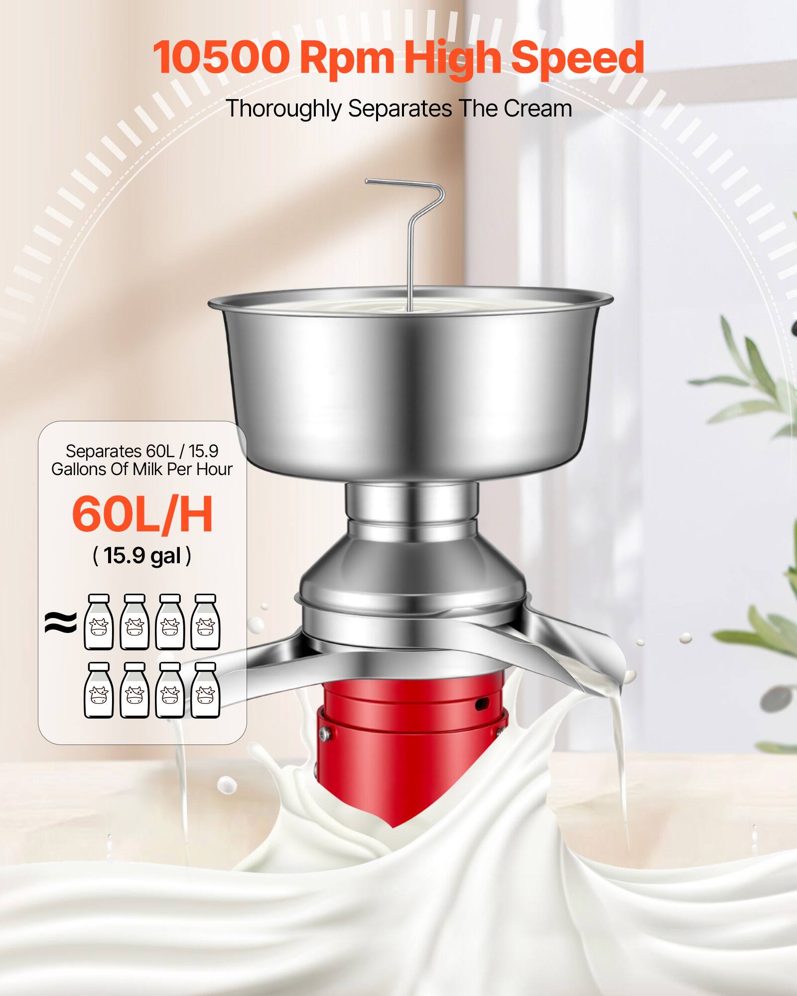 10500 Rpm High Speed  
Thoroughly Separates The Cream  
Separates 60L / 15.9 Gallons Of Milk Per Hour  
60L/H (15.9 gal)