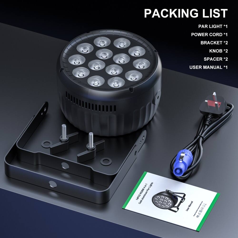 Packing List

- PAR Light *1
- Power Cord *1
- Bracket *2
- Knob *2
- Spacer *2
- User Manual *1

14PCS Aluminum Cast Par Light