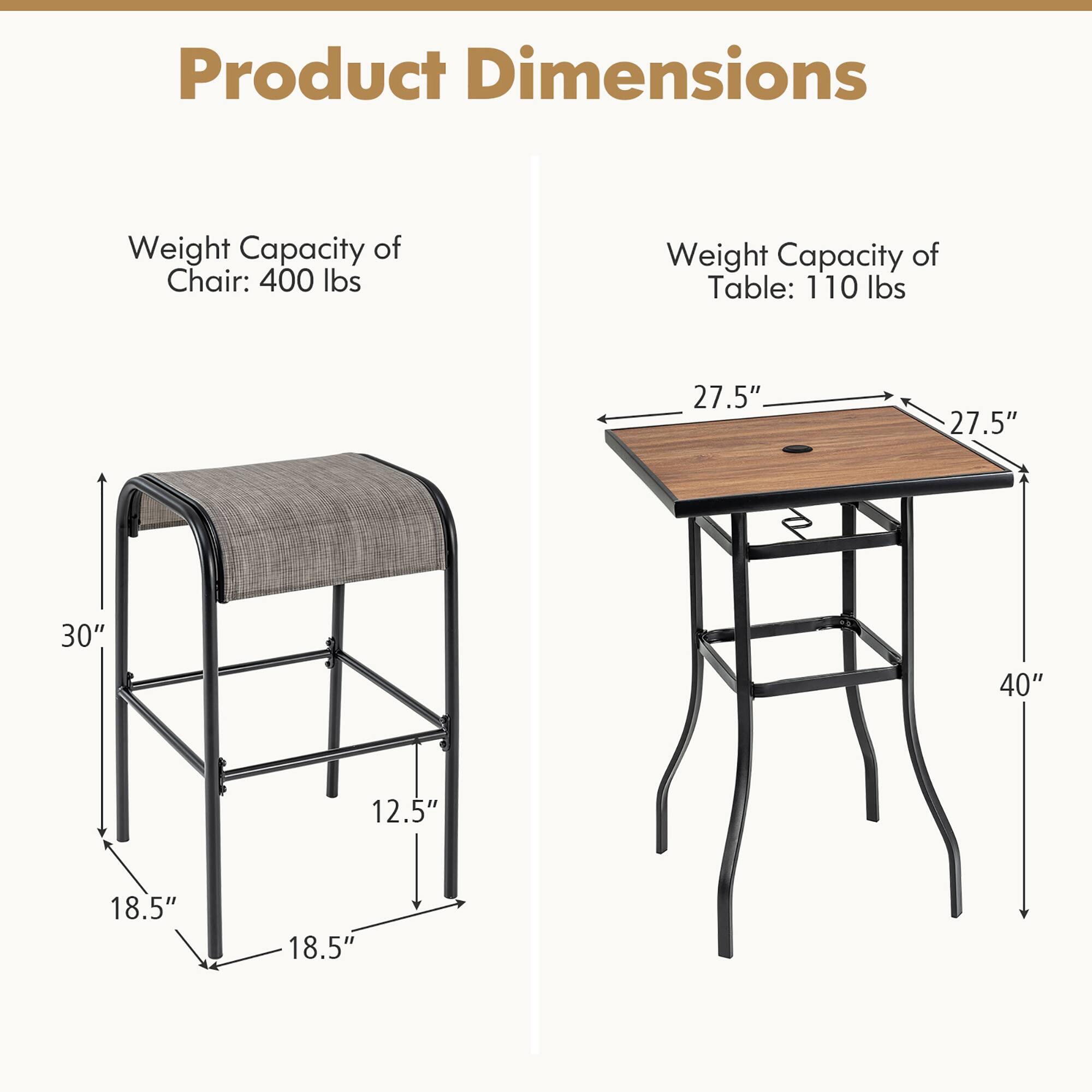 Product Dimensions

Weight Capacity of Chair: 400 lbs
Weight Capacity of Table: 110 lbs
27.5"
27.5"
30"
40"
12.5"
18.5"
18.5"