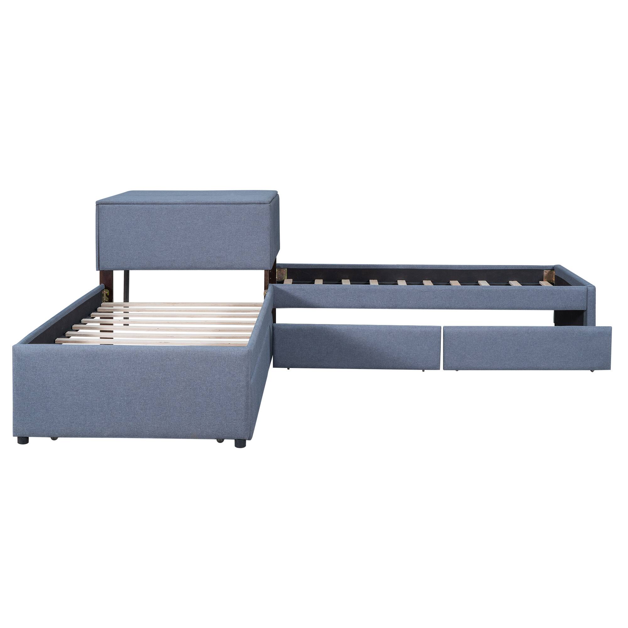 Alt View 1. Whisen - Twin Size 3-Bed L-Shaped Platform Bed with Trundle, Storage Drawers, Built-in Desk, Linen Upholstery - Blue-Gray.