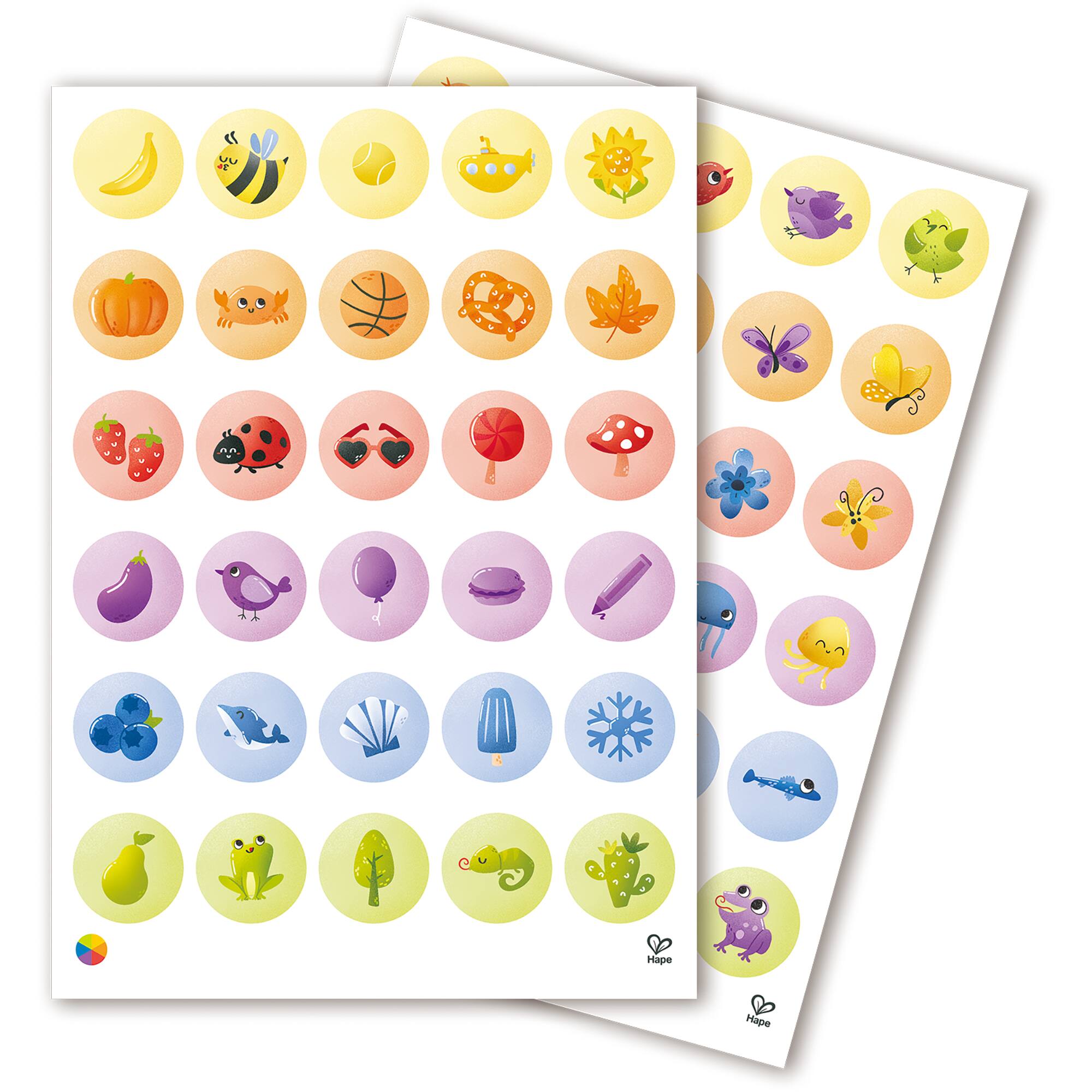 The text on the image is "Hape Hape," which is a brand name. The image features a set of stickers with various symbols, including fruits, vegetables, and other objects.