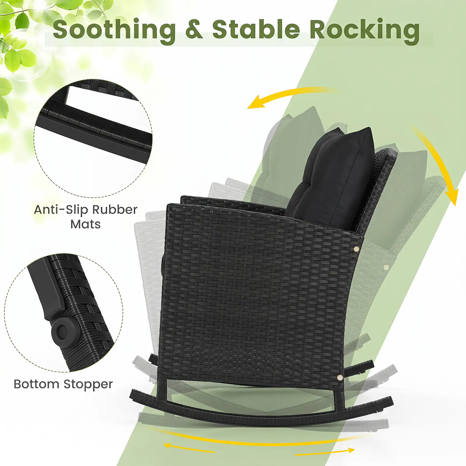 Soothing & Stable Rocking  
Anti-Slip Rubber Mats  
Bottom Stopper