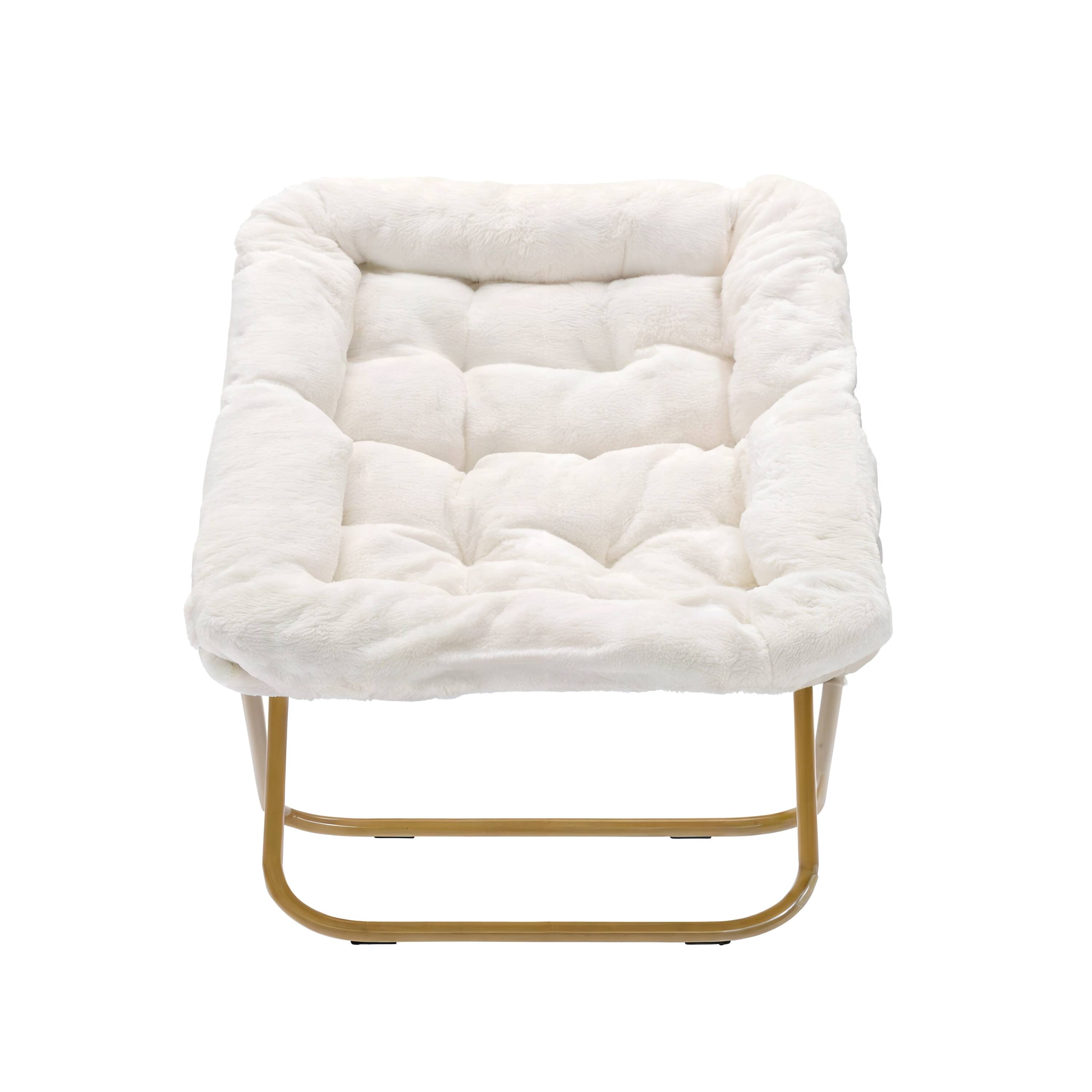 Alt View 7. Emma + Oliver - Aisling Oversized Folding Saucer Chair for Dorm, Bedroom - Ivory Faux Shearling Fabric/Soft Gold Frame.