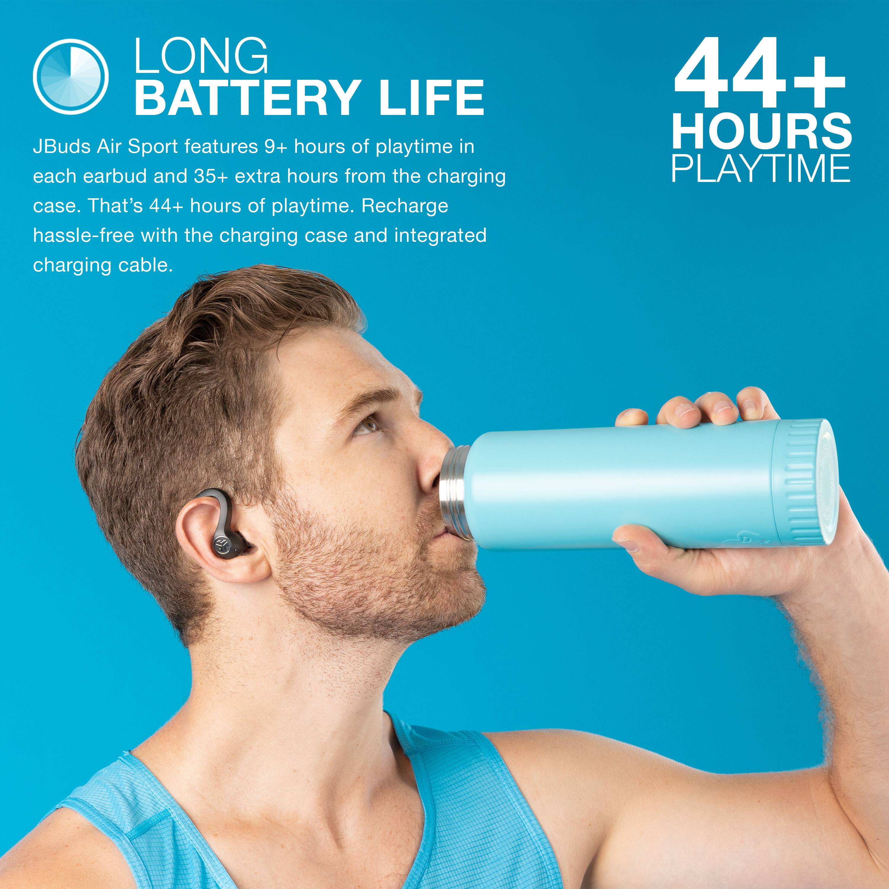 The text on the image reads "LONG BATTERY LIFE JBuds Air Sport features 9+ hours of playtime in each earbud and 35+ extra hours from the charging case. That's 44+ hours of playtime. Recharge hassle-free with the charging case and integrated charging cable."