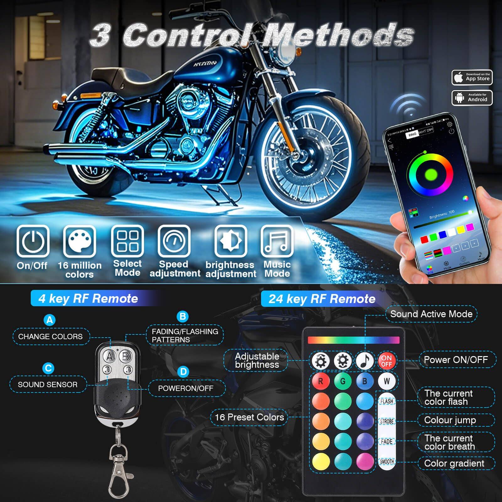 3 Control Methods

- App Store
- Android

4 key RF Remote
- A: CHANGE COLORS
- B: FADING/FLASHING PATTERNS
- C: SOUND SENSOR
- D: POWER ON/OFF
- 16 Preset Colors

24 key RF Remote
- Sound Active Mode
- Adjustable brightness
- Power ON/OFF
- The current color flash
- Colour jump
- The current color breath
- Color gradient

- On/Off
- 16 million colors
- Select Mode
- Speed adjustment
- brightness adjustment
- Music Mode