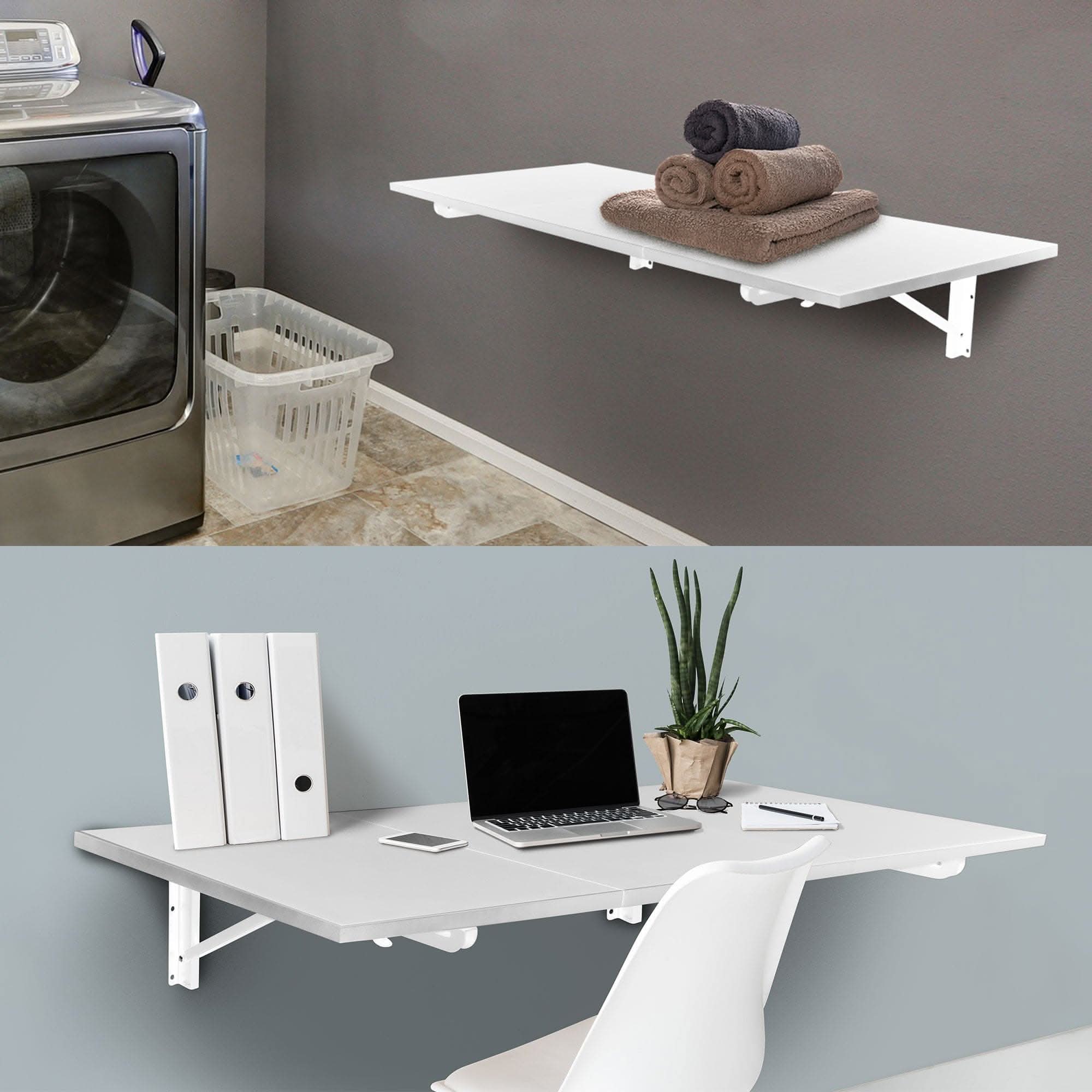 Angle. Mount-It! - Wall‑Mounted Drop Leaf Table Workbench with Adjustable Width & Folding Design for Small Spaces, White - White.