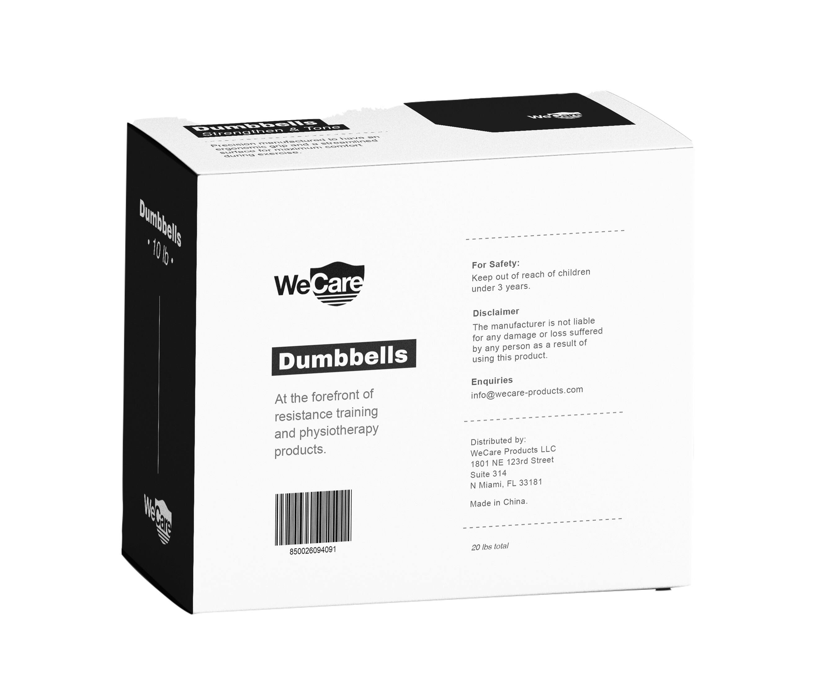 Dumbbells 10 lbs

For Safety: Keep out of reach of children under 3 years.

Disclaimer: The manufacturer is not liable for any damage or loss suffered by any person using this product.

Enquiries: info@wecare-products.com

Distributed by: WeCare Products LLC
1801 NE 123rd Street
Suite 314
N Miami, FL 33181

Made in China.

At the forefront of resistance training and physiotherapy products.

20 lbs total

850026094091