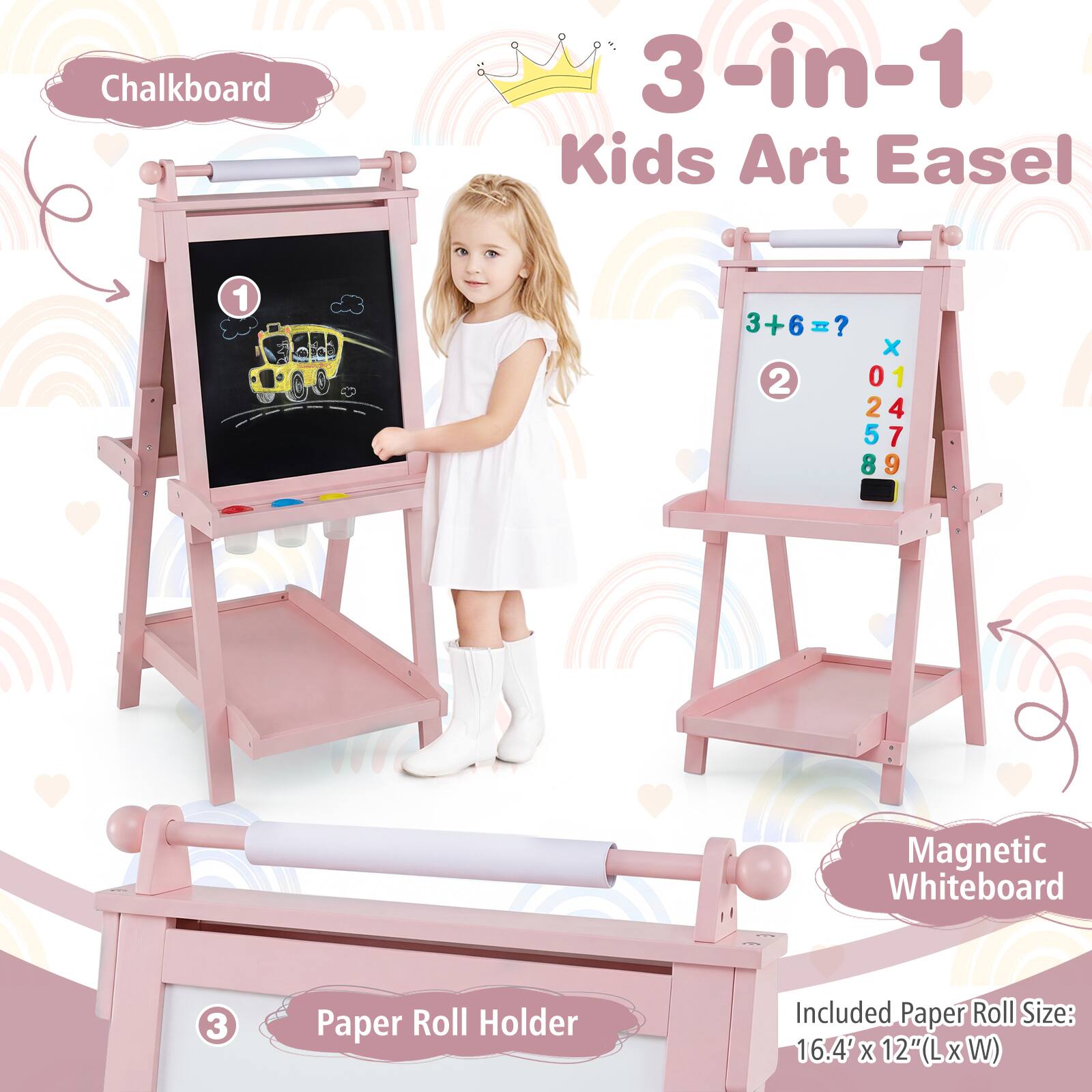 Chalkboard 3-in-1 Kids Art Easel

3+6=?

Magnetic Whiteboard

Paper Roll Holder

Included Paper Roll Size: 16.4" x 12" (L x W)