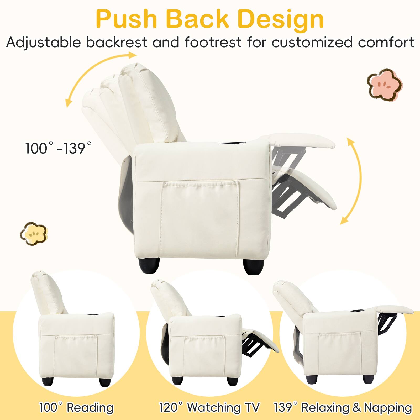 Push Back Design  
Adjustable backrest and footrest for customized comfort  

100° - 139°  

100° Reading  
120° Watching TV  
139° Relaxing & Napping