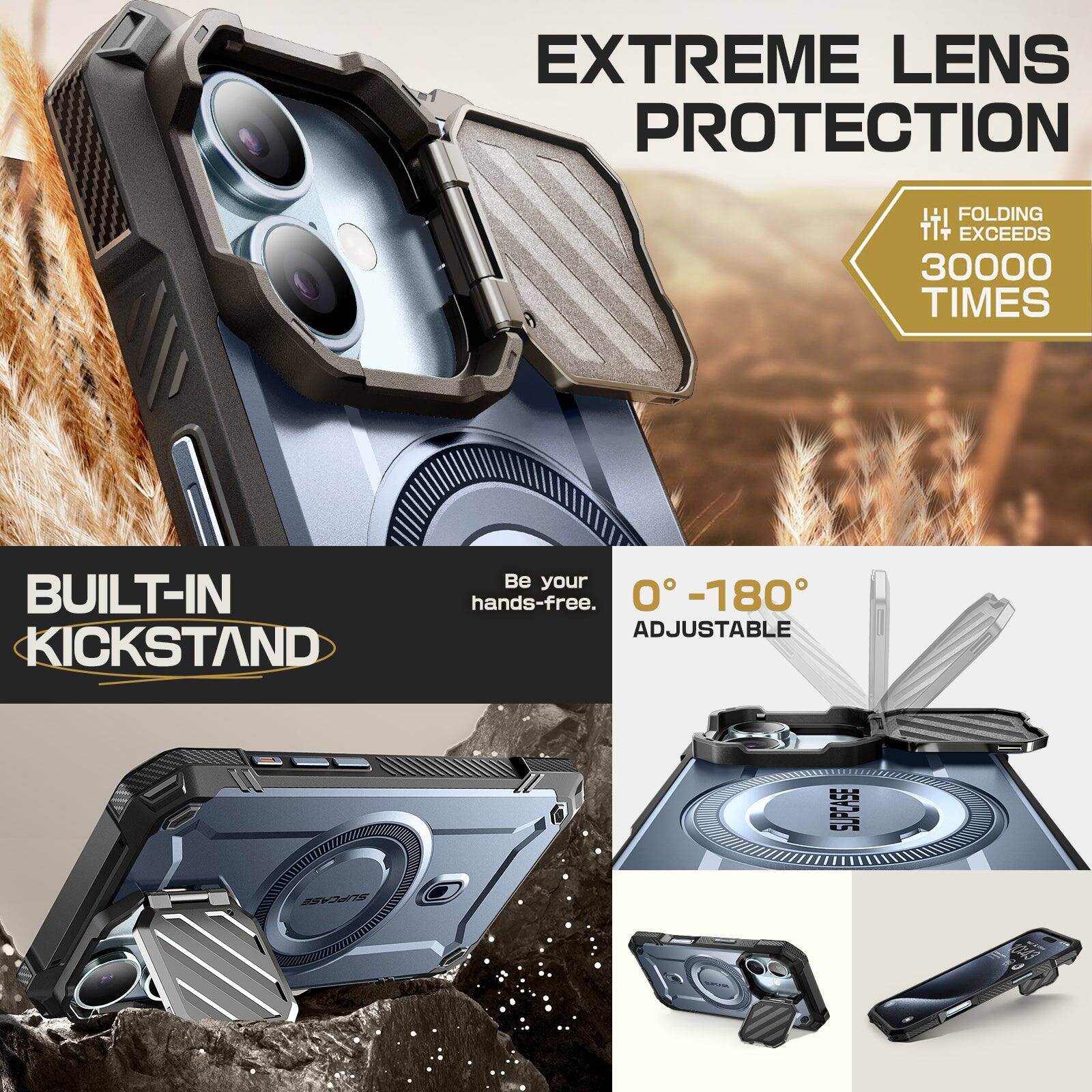 EXTREME LENS PROTECTION +1 FOLDING TT+ EXCEEDS 30000 TIMES BUILT-IN KICKSTAND. Be your hands-free. 0°-180° ADJUSTABLE. SUPCASE SUPCARE.