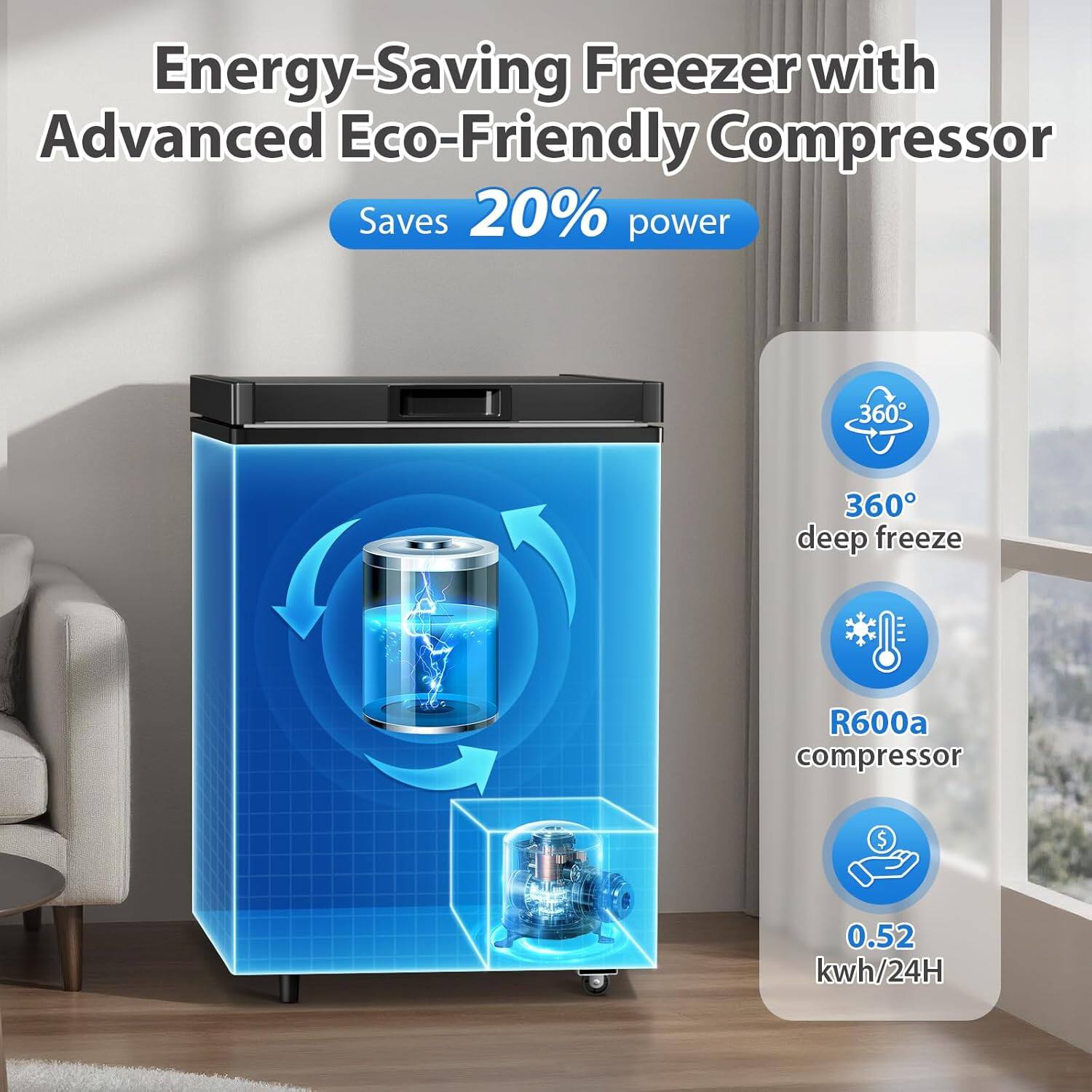 Energy-Saving Freezer with Advanced Eco-Friendly Compressor  
Saves 20% power  

360° deep freeze  
R600a compressor  
0.52 kWh/24H
