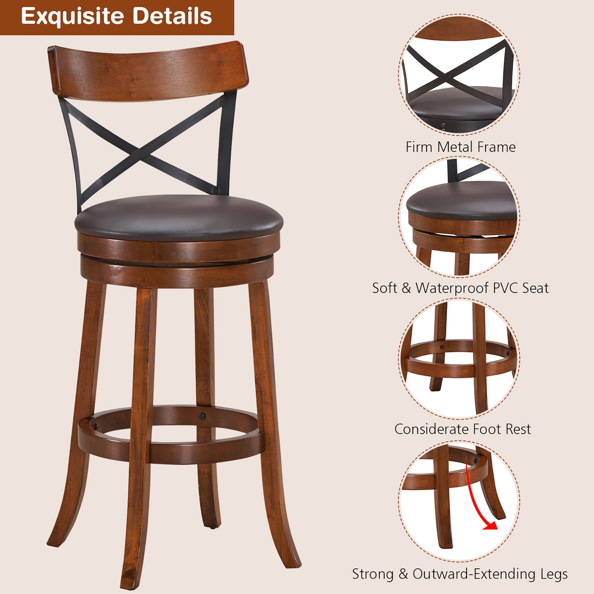 Exquisite Details
Firm Metal Frame
Soft & Waterproof PVC Seat
Considerate Foot Rest
Strong & Outward-Extending Legs