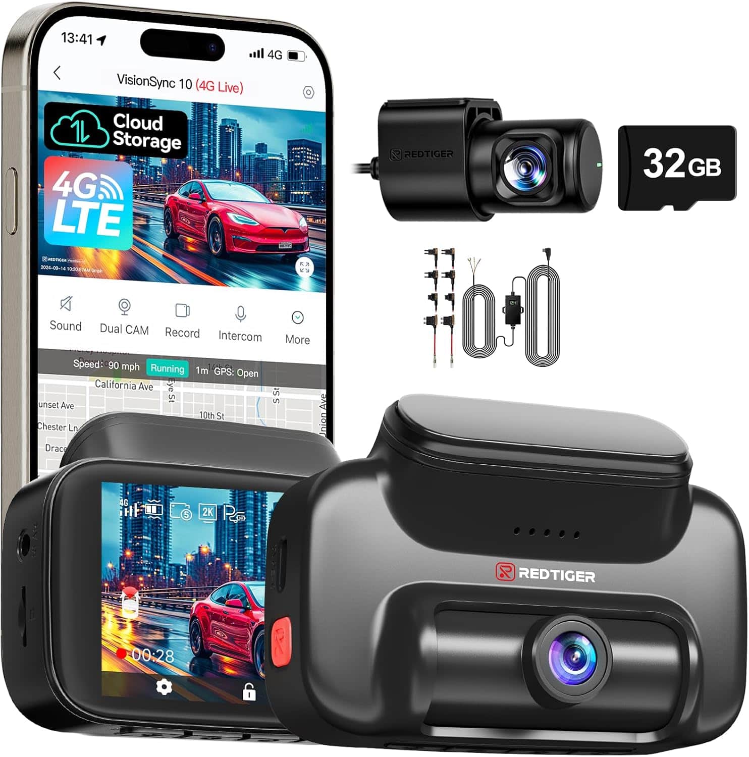REDTIGER - RTVS10TL 4G Dash Cam Front and Rear,Remote Live Stream, 2.5K + 1080P, Emergency Alert, GPS, Built-in SIM, 32GB - Black