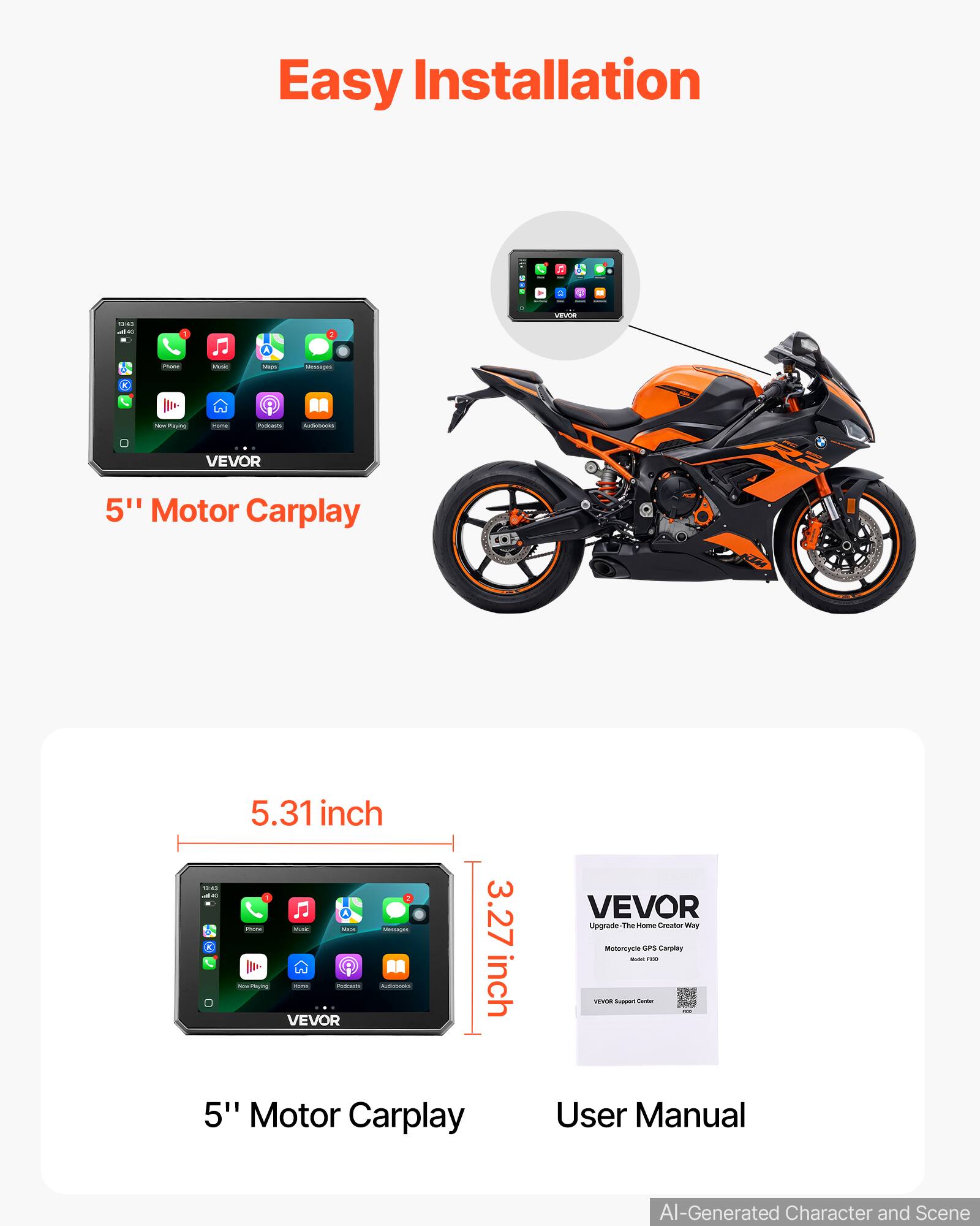 Easy Installation

5" Motor Carplay

5.31 inch

3.27 inch

User Manual

VEVOR
Upgrade The Home Creator Way
Motorcycle GPS Carplay
Model: F100

VEVOR Support Center

AI-Generated Character and Scene