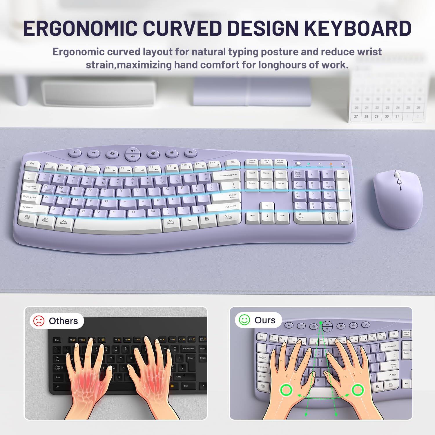 ERGONOMIC CURVED DESIGN KEYBOARD

Ergonomic curved layout for natural typing posture and reduce wrist strain, maximizing hand comfort for long hours of work.

14
27
28
29
30
30
o

n
a
Inc
F4 12 F3 1 N are IT a 1 -  1 : % 2 3  1 Q W E R T A S D F G Z x C V Start 200ml
rd " , - - A & 1  Y  H   N
"  1 1 1 K ut
110 E 0 O . - Alt.
#10 P A Per
611 " W I 1
SIR . 1
I 1 Of
Delester
Sour - EM 1
PYLE -
Stock 7   9 
I 8 1 5 J 
1 PIME 6  - in
Others
Ours
5
e
.
Fat
RO
on
N

1.11

me
FOR
-
FOR
be
. .
%
C
C.
,
4
R
