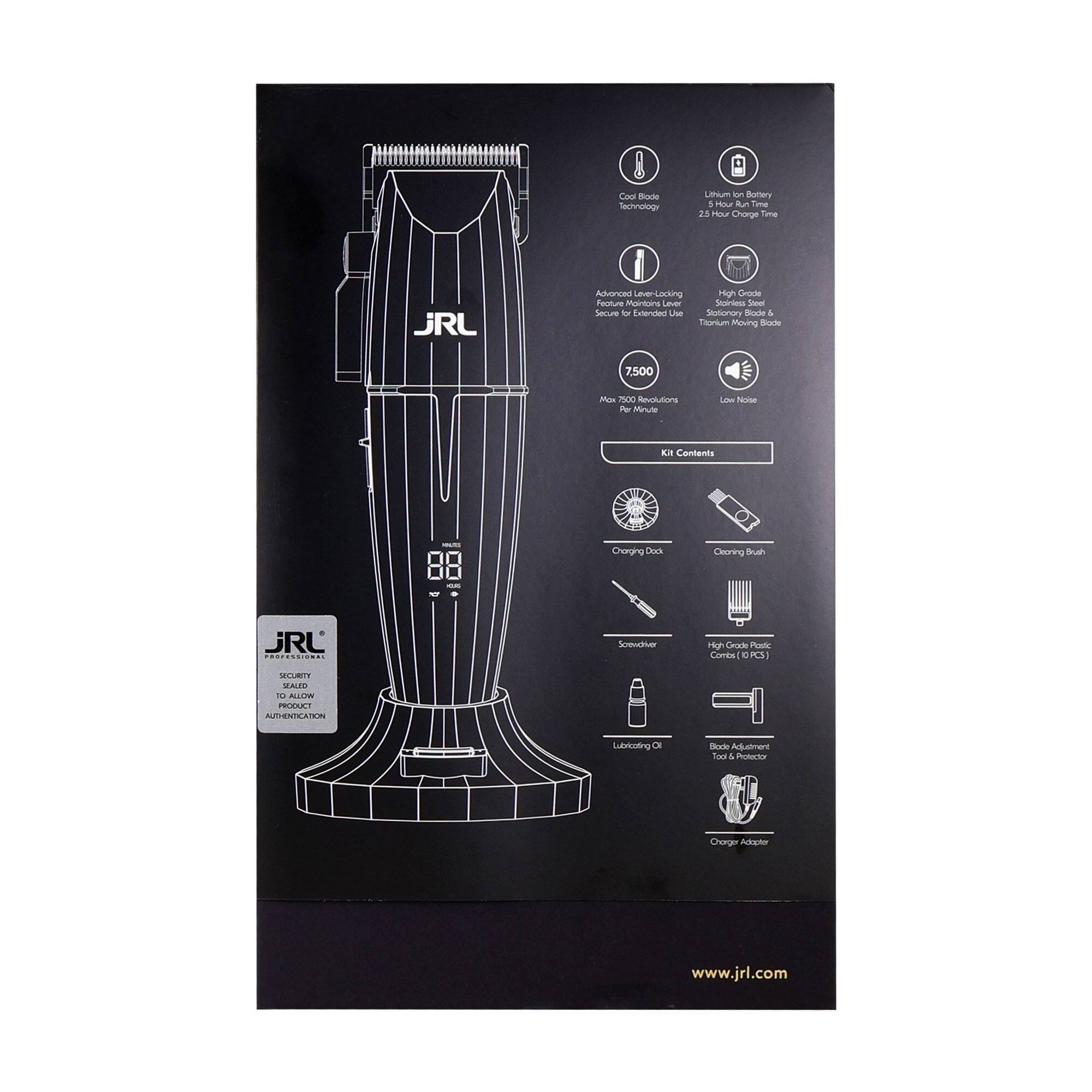 Sure, here is the corrected and grouped text from the image:

---

**JRL**

**88**

**Professional**

**SECURITY TO ALLOW PRODUCT AUTHENTICATION**

**Kit Contents**

- Charging Dock
- Cleaning Brush
- Scissors
- Lubricating Oil
- High Grade Plastic Combs (10 PCS)
- Blade Adjustments Tool & Protector
- Charger Adapter

**Features**

- Cool Blade Technology
- Lithium Ion Battery
- 2.5 Hour Charge Time
- Advanced Lever-Locking Secure for Extended Use
- High Grade Stationary Blade & Thinning Moving Blade
- 7500 Max 7000 Revolutions Per Minute
- Low Noise

**www.jrl.com**

---