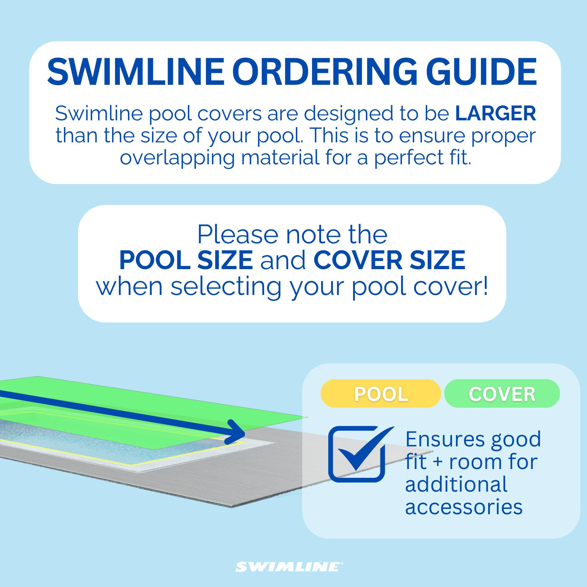 SWIMLINE ORDERING GUIDE

Swimline pool covers are designed to be LARGER than the size of your pool. This is to ensure proper overlapping material for a perfect fit.

Please note the POOL SIZE and COVER SIZE when selecting your pool cover!

POOL COVER
Ensures good fit + room for additional accessories

SWIMLINE