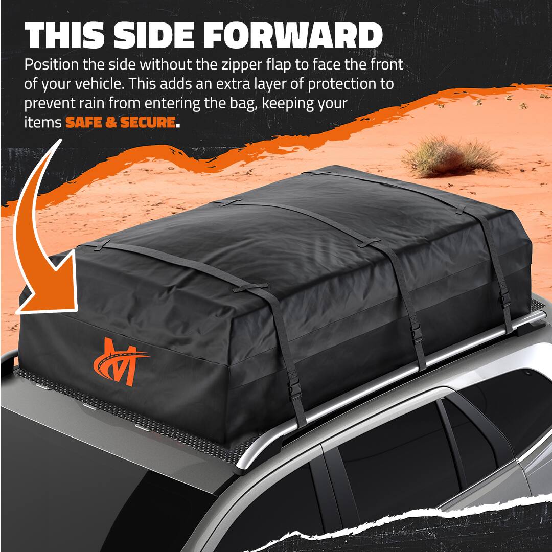 THIS SIDE FORWARD

Position the side without the zipper flap to face the front of your vehicle. This adds an extra layer of protection to prevent rain from entering the bag, keeping your items SAFE & SECURE.