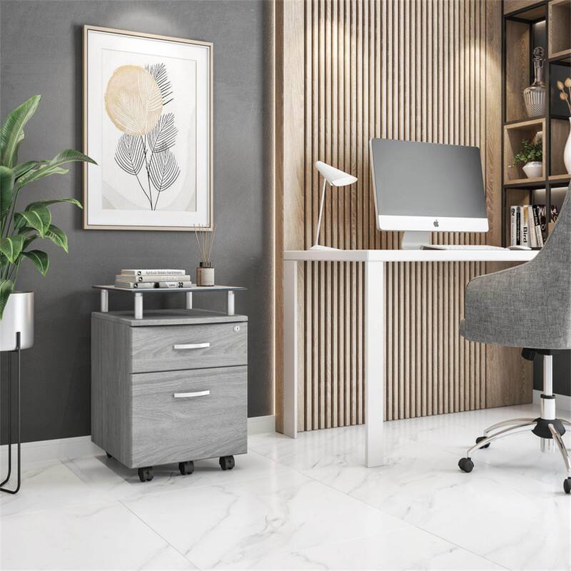 Alt View 1. HTUTWOO - Rolling File Cabinet with Glass Top - Locking Drawers, Mobile with Casters, Tempered Glass Shelf - Gray.