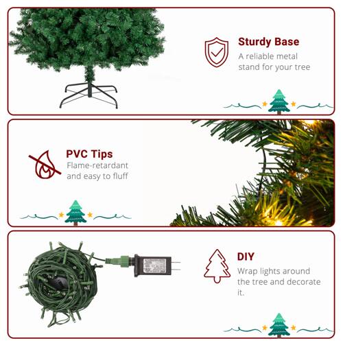 Sturdy Base: A reliable metal stand for your tree.

PVC Tips: Flame-retardant and easy to fluff.

DIY: Wrap lights around the tree and decorate it.
