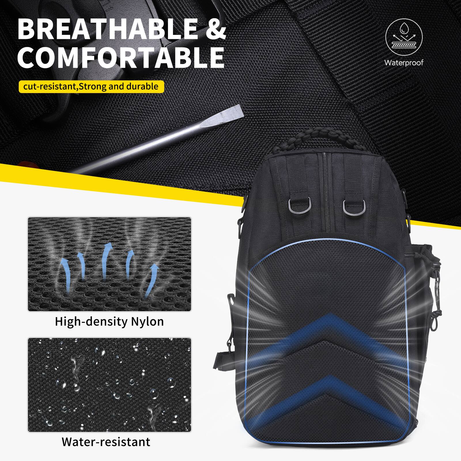 BREATHABLE & COMFORTABLE  
cut-resistant, Strong and durable  

Waterproof  
High-density Nylon  
Water-resistant