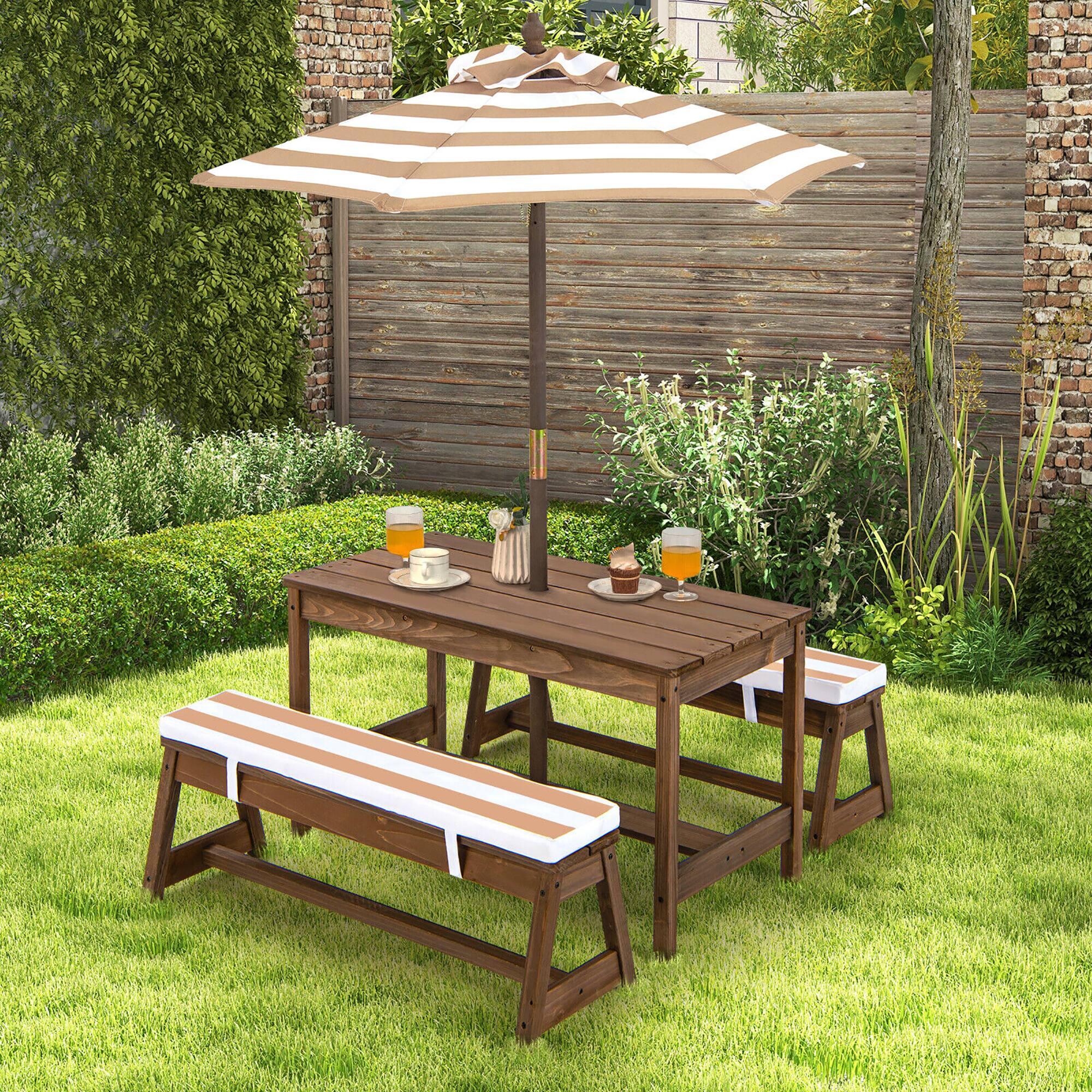 Alt View 2. Gymax - Gymax Kids Wood Picnic Table and Bench Set w/ Cushions Umbrella for Indoor Outdoor Brown - Brown.