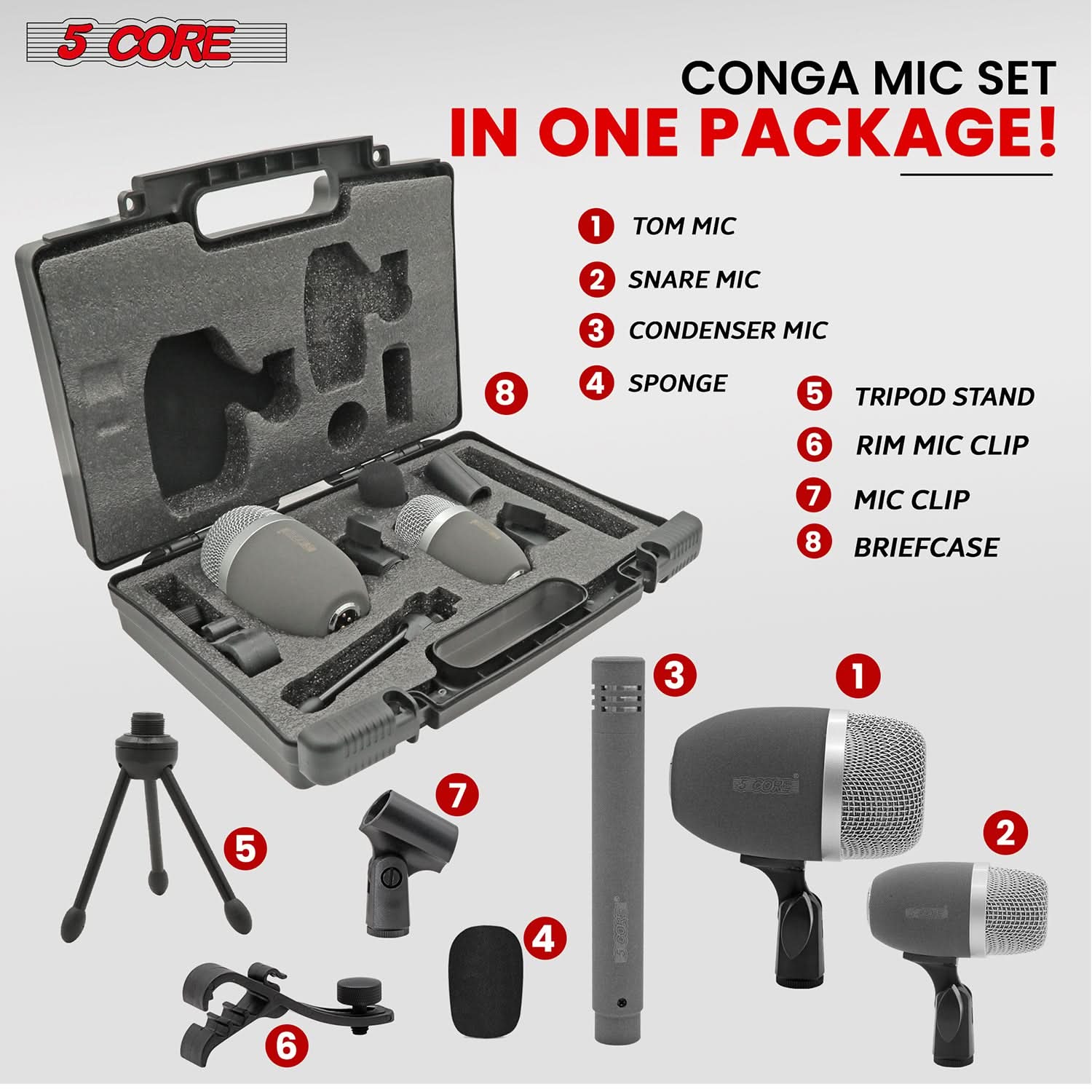5 CORE CONGA MIC SET IN ONE PACKAGE!

1. TOM MIC
2. SNARE MIC
3. CONDENSER MIC
4. SPONGE
5. TRIPOD STAND
6. RIM MIC CLIP
7. MIC CLIP
8. BRIEFCASE