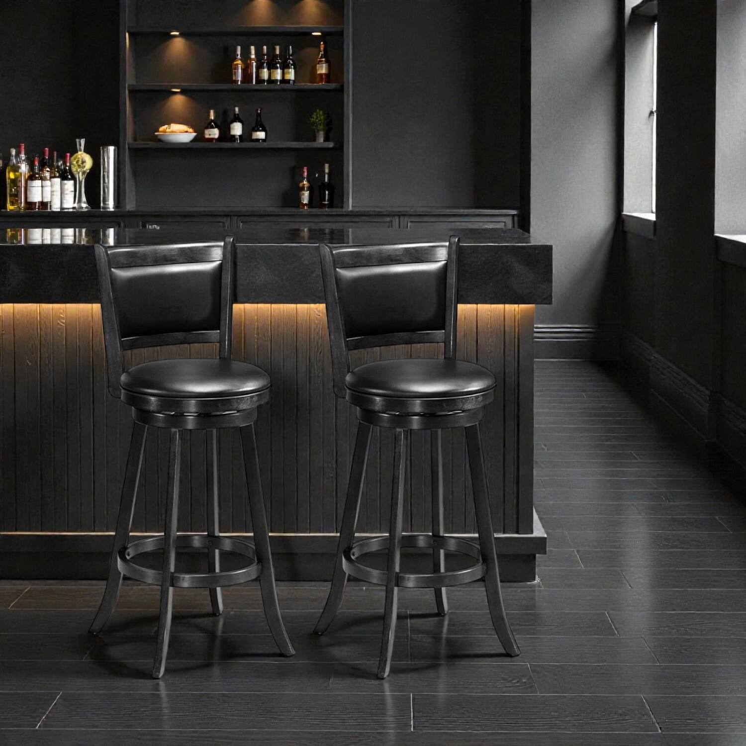 Front. Hivvago - Set of 2 29-Inch Wooden Swivel Bar Stools with Cushioned PVC Seats - Black.