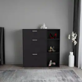 Loheer - 3-door shoe cabinet, shoe storage with interior and side shelves - Black