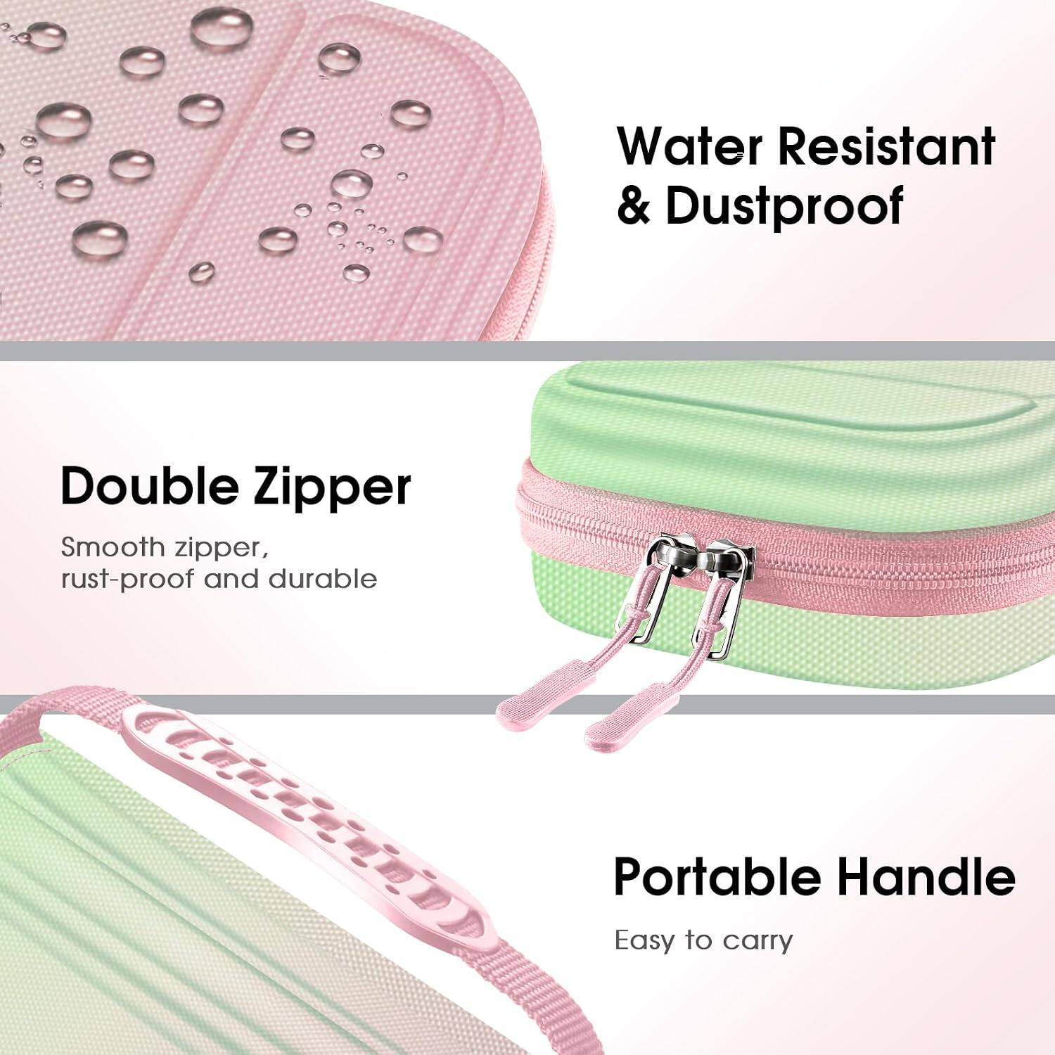 Water Resistant & Dustproof

Double Zipper
Smooth zipper, rust-proof and durable

Portable Handle
Easy to carry