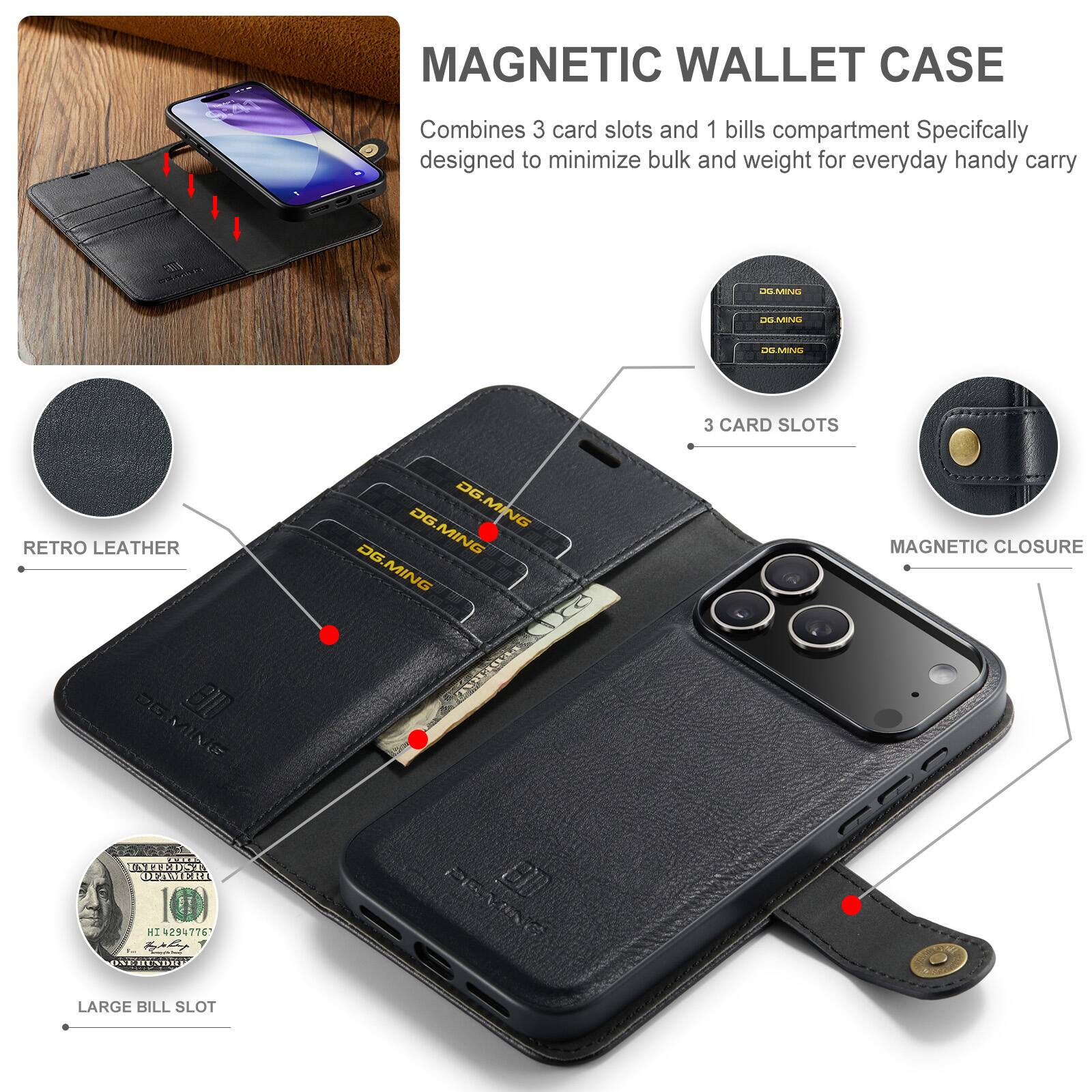 MAGNETIC WALLET CASE

Combines 3 card slots and 1 bills compartment. Specifically designed to minimize bulk and weight for everyday handy carry.

- 3 CARD SLOTS
- RETRO LEATHER
- MAGNETIC CLOSURE
- LARGE BILL SLOT