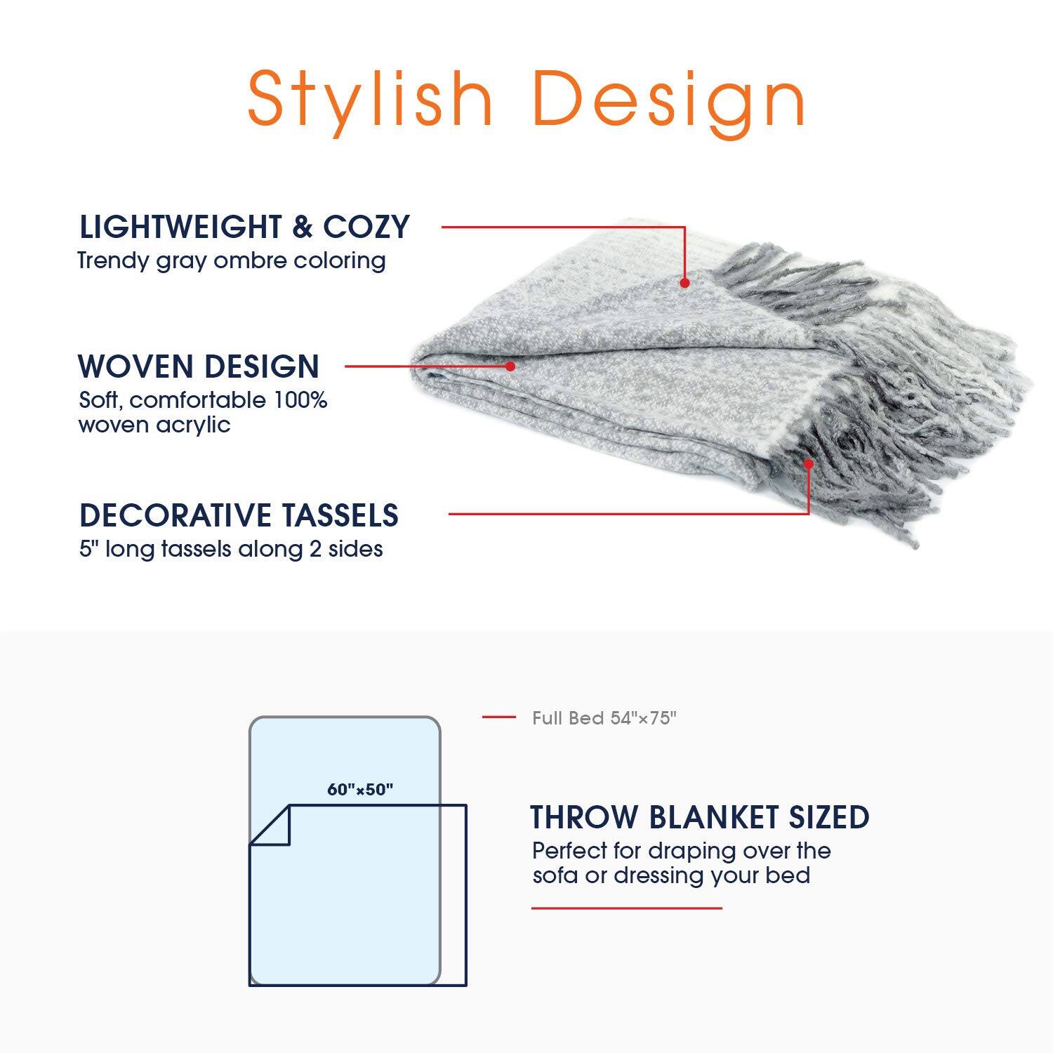 Stylish Design

LIGHTWEIGHT & COZY
Trendy gray ombre coloring

WOVEN DESIGN
Soft, comfortable 100% woven acrylic

DECORATIVE TASSELS
5" long tassels along 2 sides

Full Bed 54"x75"
60"x50"

THROW BLANKET SIZED
Perfect for draping over the sofa or dressing your bed