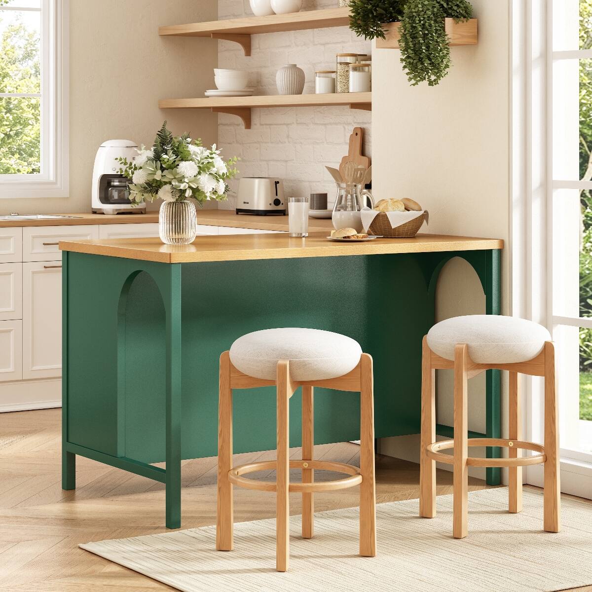 Left. Loheer - Loheer 56 inch Farmhouse Kitchen Island Green Kitchen Island with Natural Wood Top and Open Storage - Green.