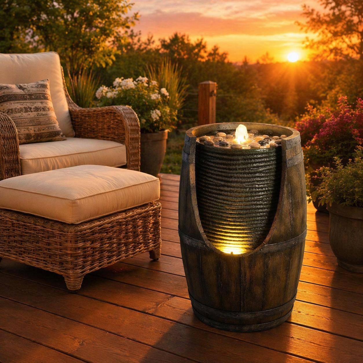 Alt View 1. RYHNUYNE - Outdoor Water Fountain with Bird Waterer Rustic Barrel Garden Fountain with LED Lights and Pump Faux.