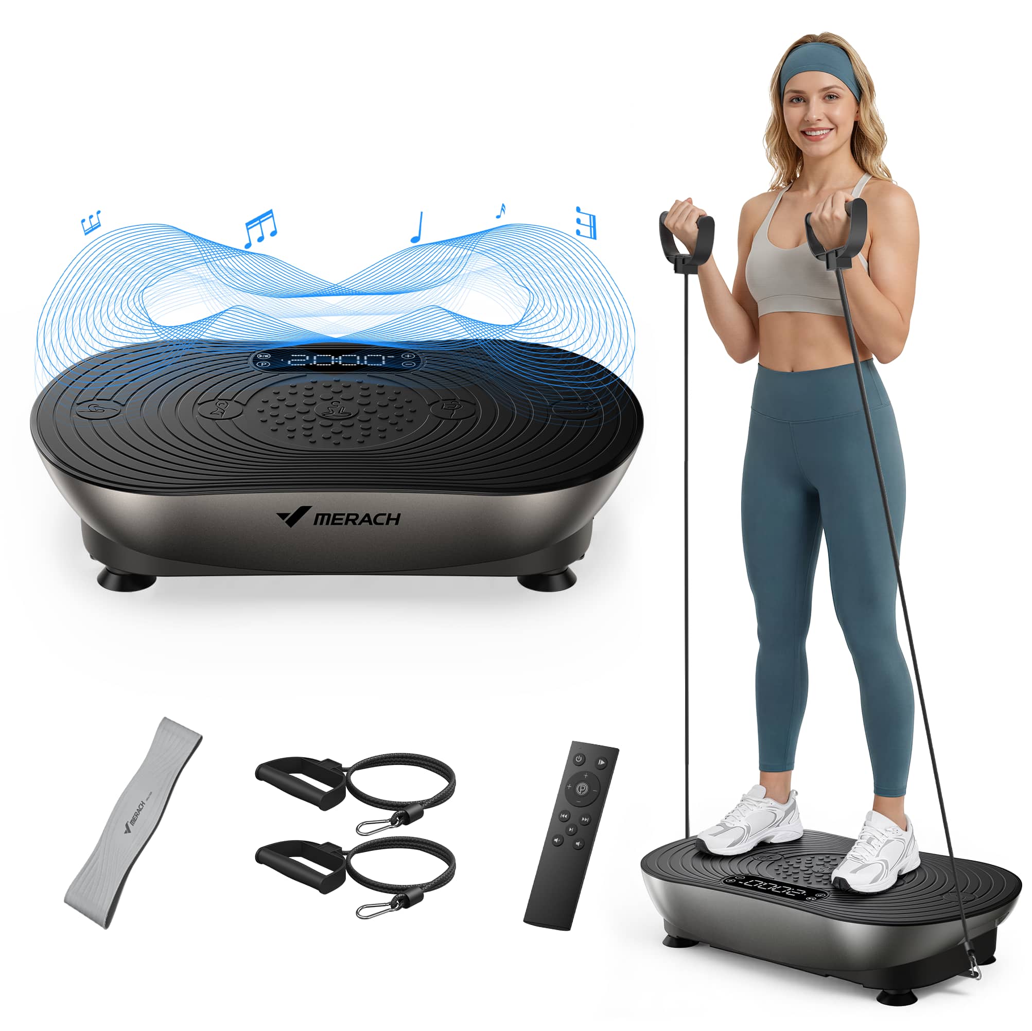 MERACH - V33 Vibration Plate for Lymphatic Drainage Weight Loss Muscle Activation, LED Touch Screen Bluetooth Pull Cord - Black
