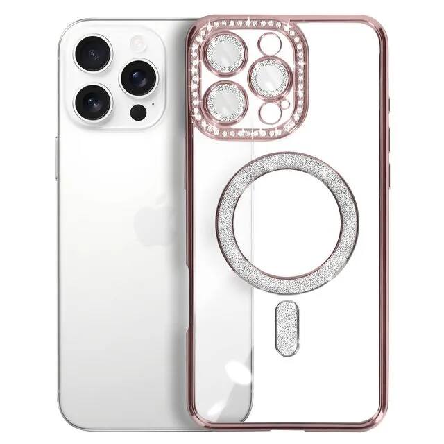 Angle. Entronix - Entronix Magnetic Case for iPhone 15 Pro - Clear Back with Luxury Rhinestones - Rose Gold.