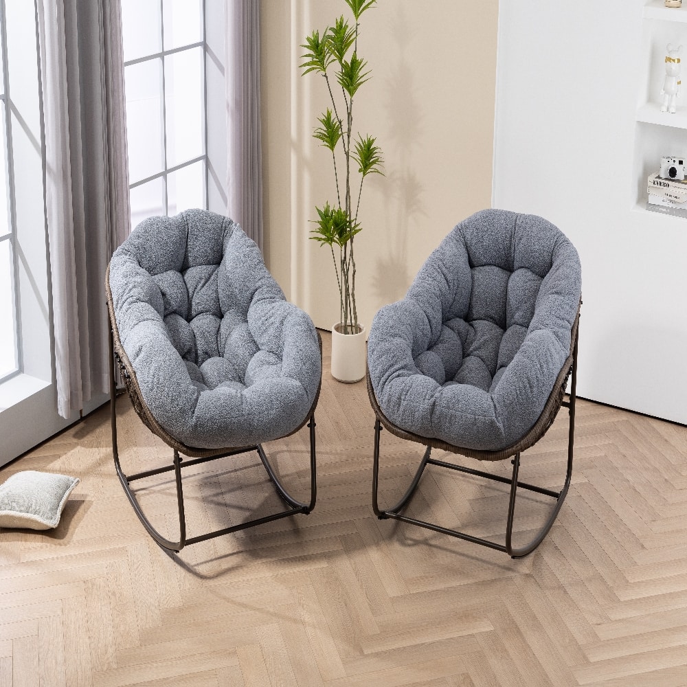 Loheer - Outdoor Rattan Rocking Chair Oversized Egg Chair Padded Cushion Rocker Recliner for Front Porch Patio Garden Grey - Beige