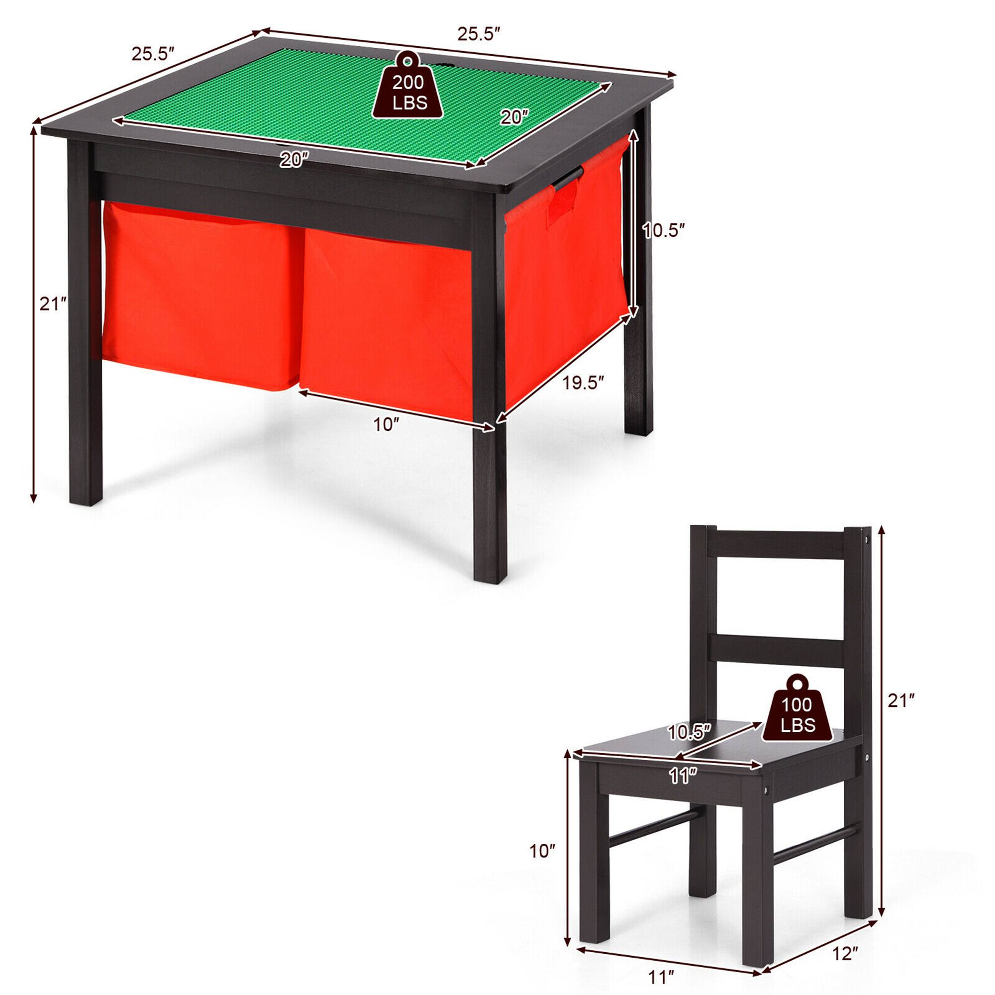 - Table:
  - Length: 25.5"
  - Width: 20"
  - Height: 21"
  - Drawer Height: 10"
  - Drawer Width: 19.5"
  - Drawer Depth: 10.5"
  - Weight Capacity: 200 LBS

- Chair:
  - Seat Height: 10.5"
  - Seat Width: 11"
  - Seat Depth: 10"
  - Back Height: 12"
  - Overall Height: 21"
  - Weight Capacity: 100 LBS