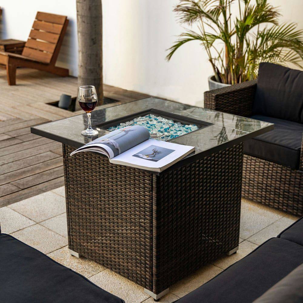 Alt View 7. Resenkos - 30" Propane Gas Fire Pit Table, 50000 BTU Square Fire Pit, Tile Tabletop with Beautiful Wicker Base, Brown.