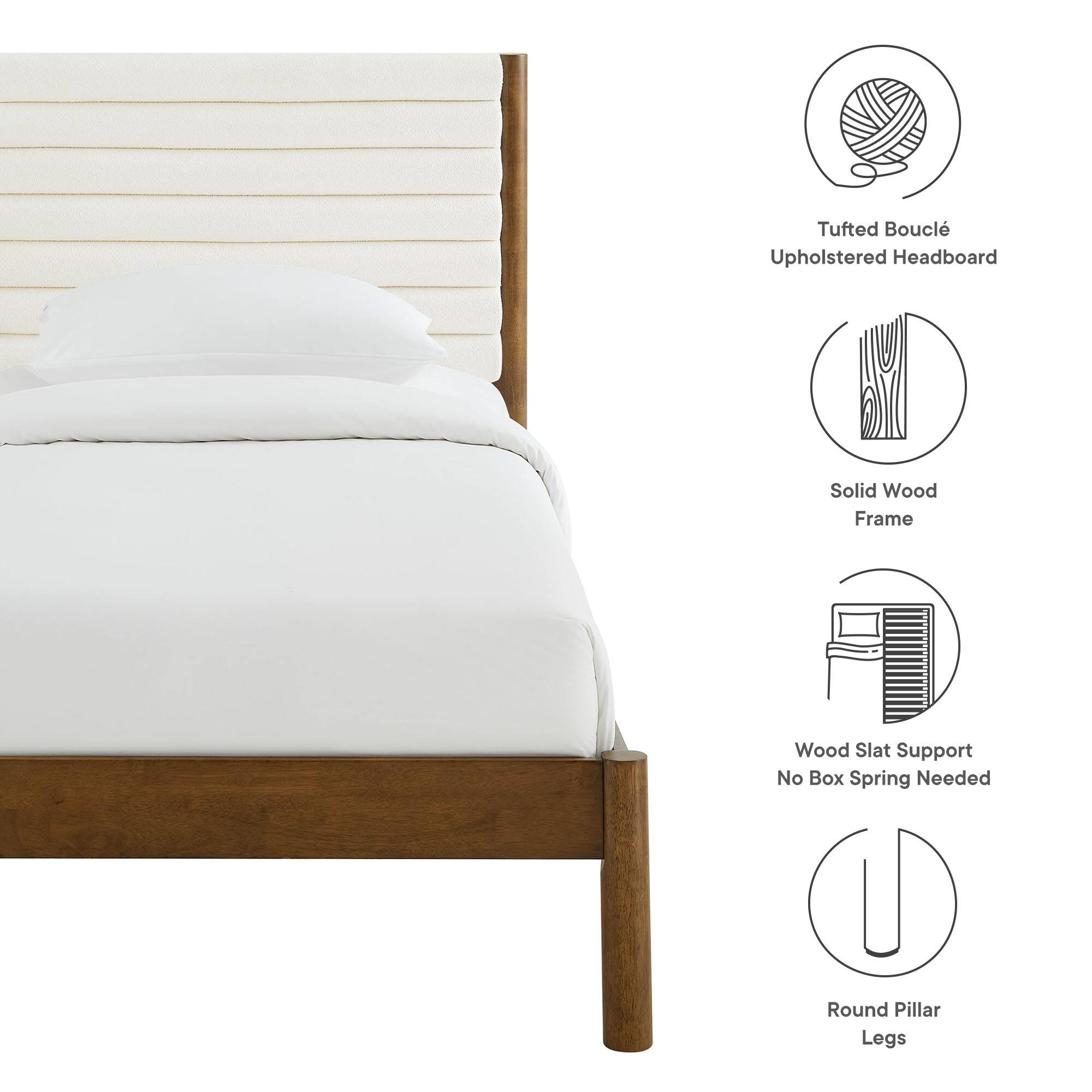 - Tufted Bouclé Upholstered Headboard
- Solid Wood Frame
- Wood Slat Support No Box Spring Needed
- Round Pillar Legs