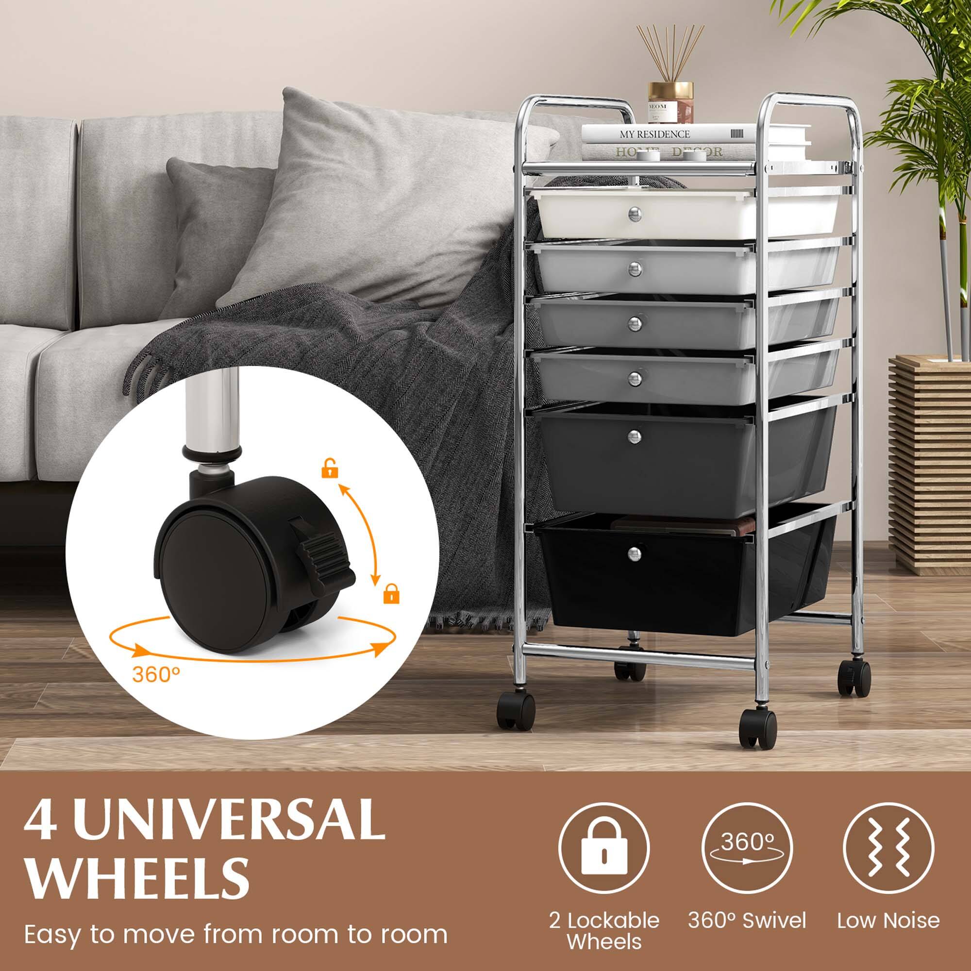 The text on the image reads: "4 Universal Wheels Easy to move from room to room 360 2 Lockable 360 Swivel Wheels Low Noise."