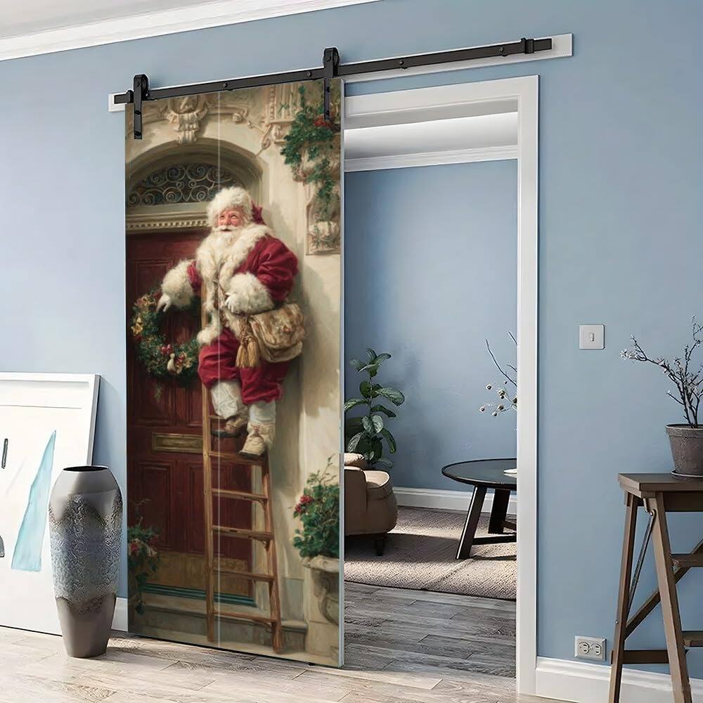 Back. MOSZAR LLC - Santa Climbing Ladder Door Sticker, 30×78 in, Removable Vinyl Holiday Decor - red.