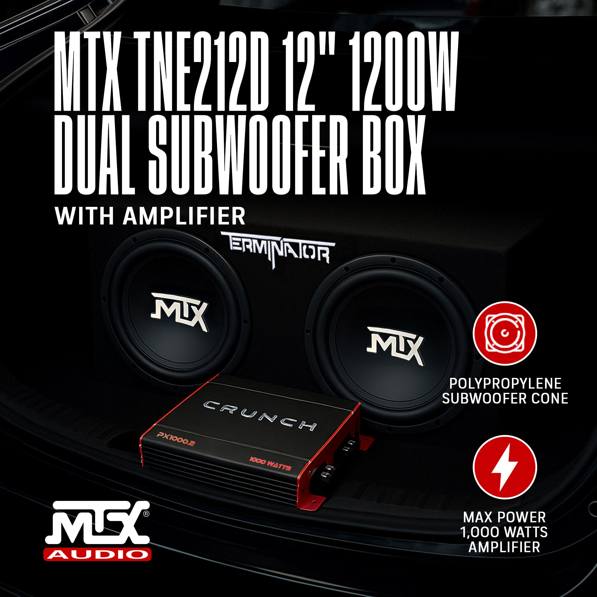 &chou.  Crunch 2 Channel Car Audio Amplifier & MTX 12 In Dual Loaded