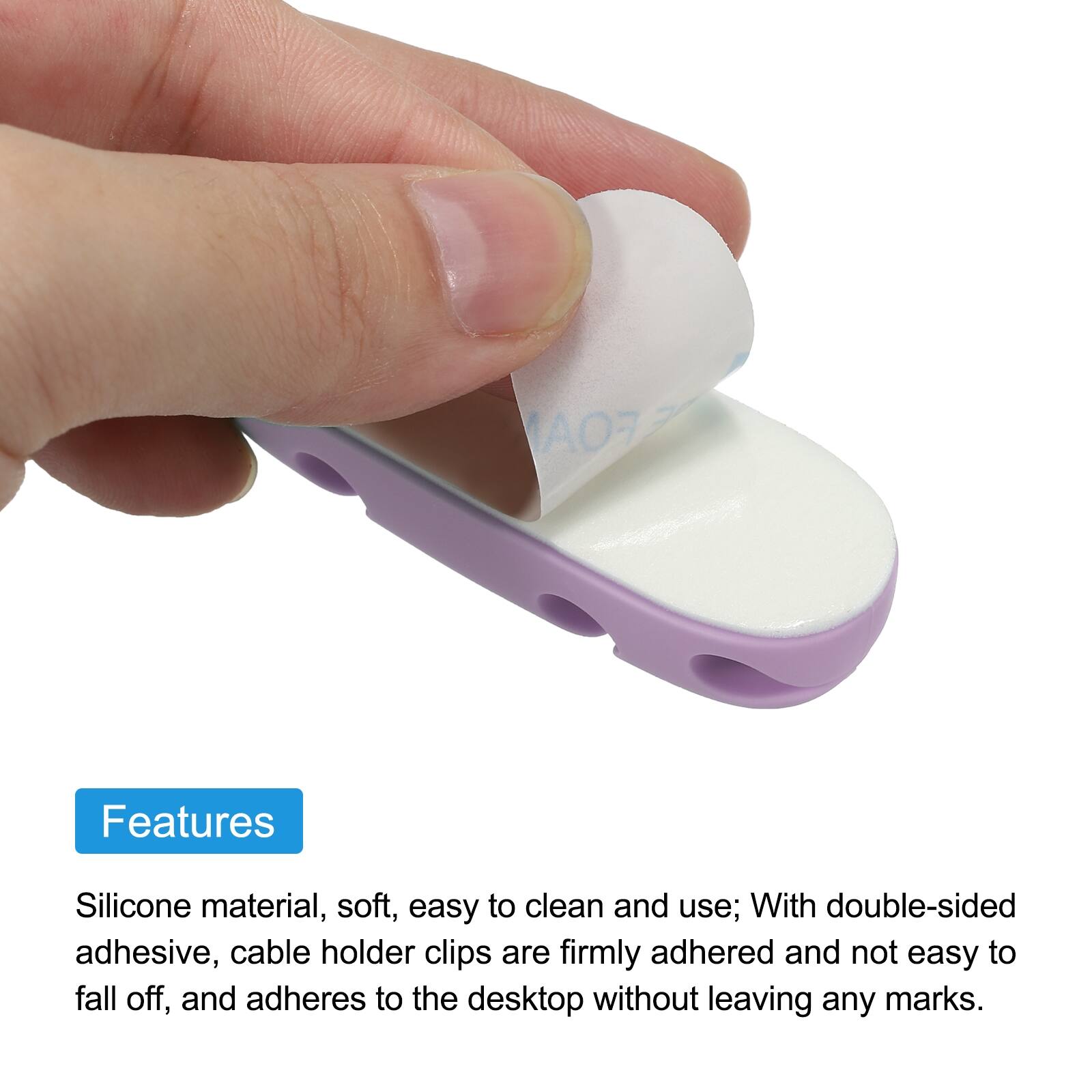 Features

Silicone material, soft, easy to clean and use; With double-sided adhesive, cable holder clips are firmly adhered and not easy to fall off, and adheres to the desktop without leaving any marks.