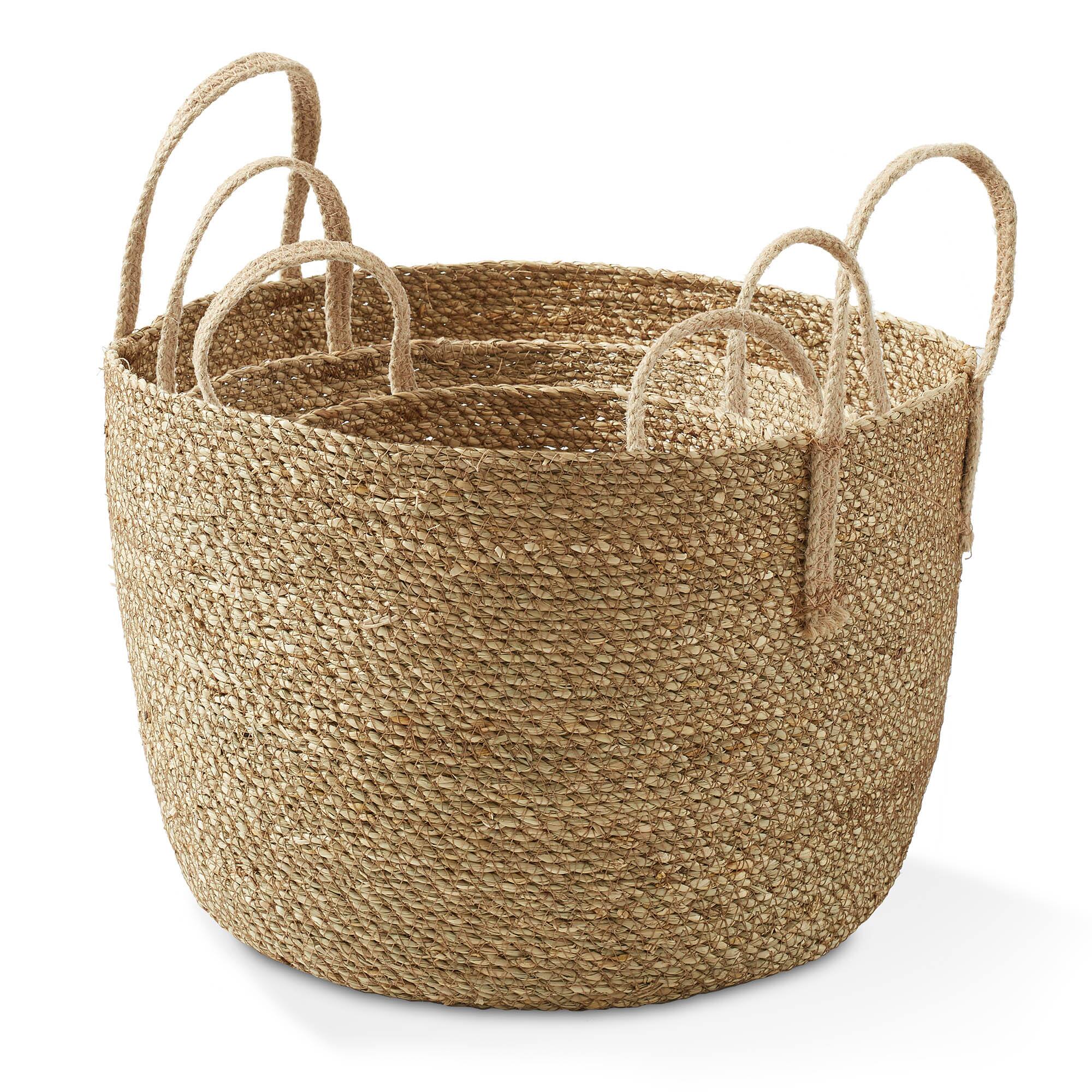 Alt View 5. Casafield - 3 Seagrass Storage Basket Planters with Jute Handles - Boho Woven Bins - Natural.
