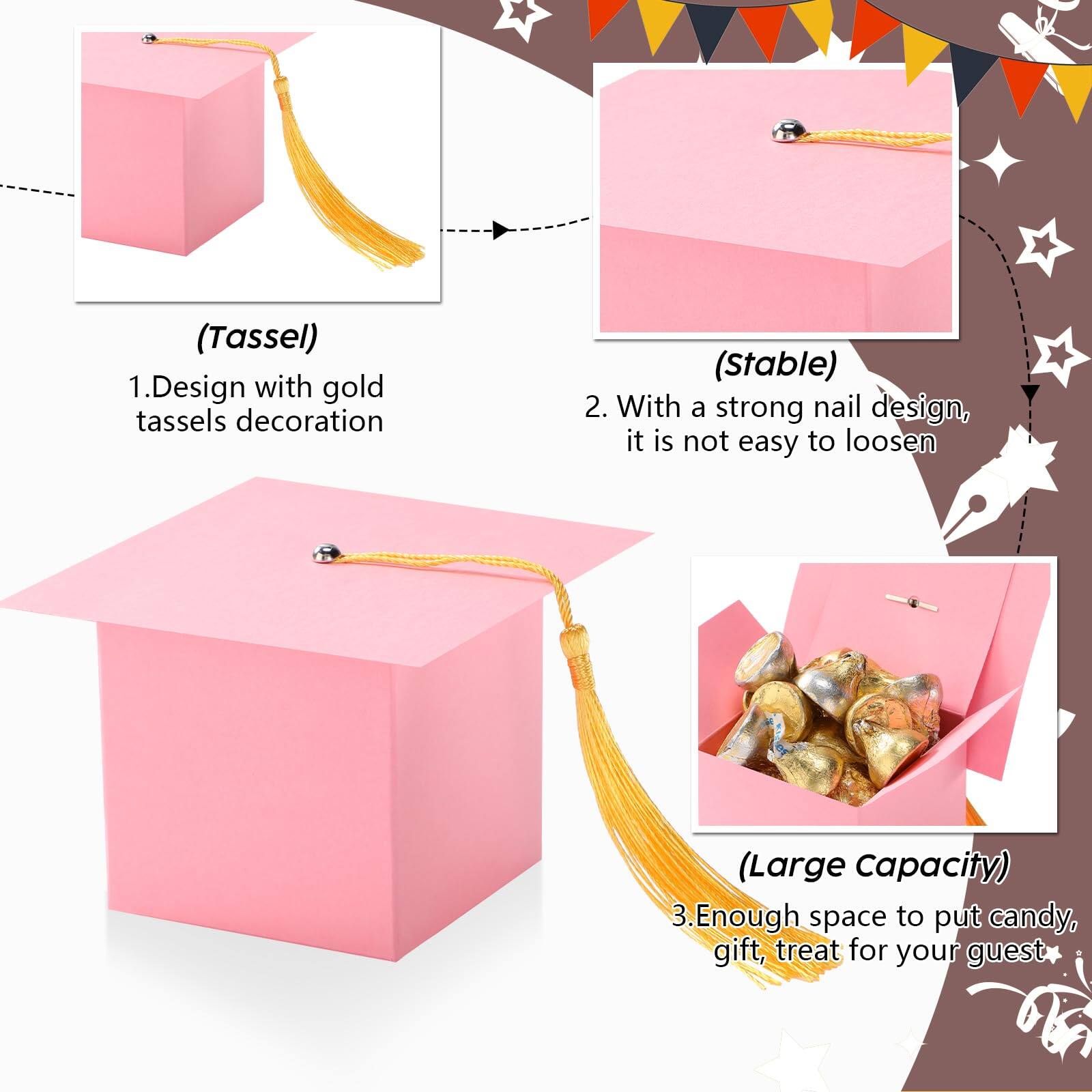 (Tassel)  
1. Design with gold tassels decoration  

(Stable)  
2. With a strong nail design, it is not easy to loosen  

(Large Capacity)  
3. Enough space to put candy, gift, treat for your guest