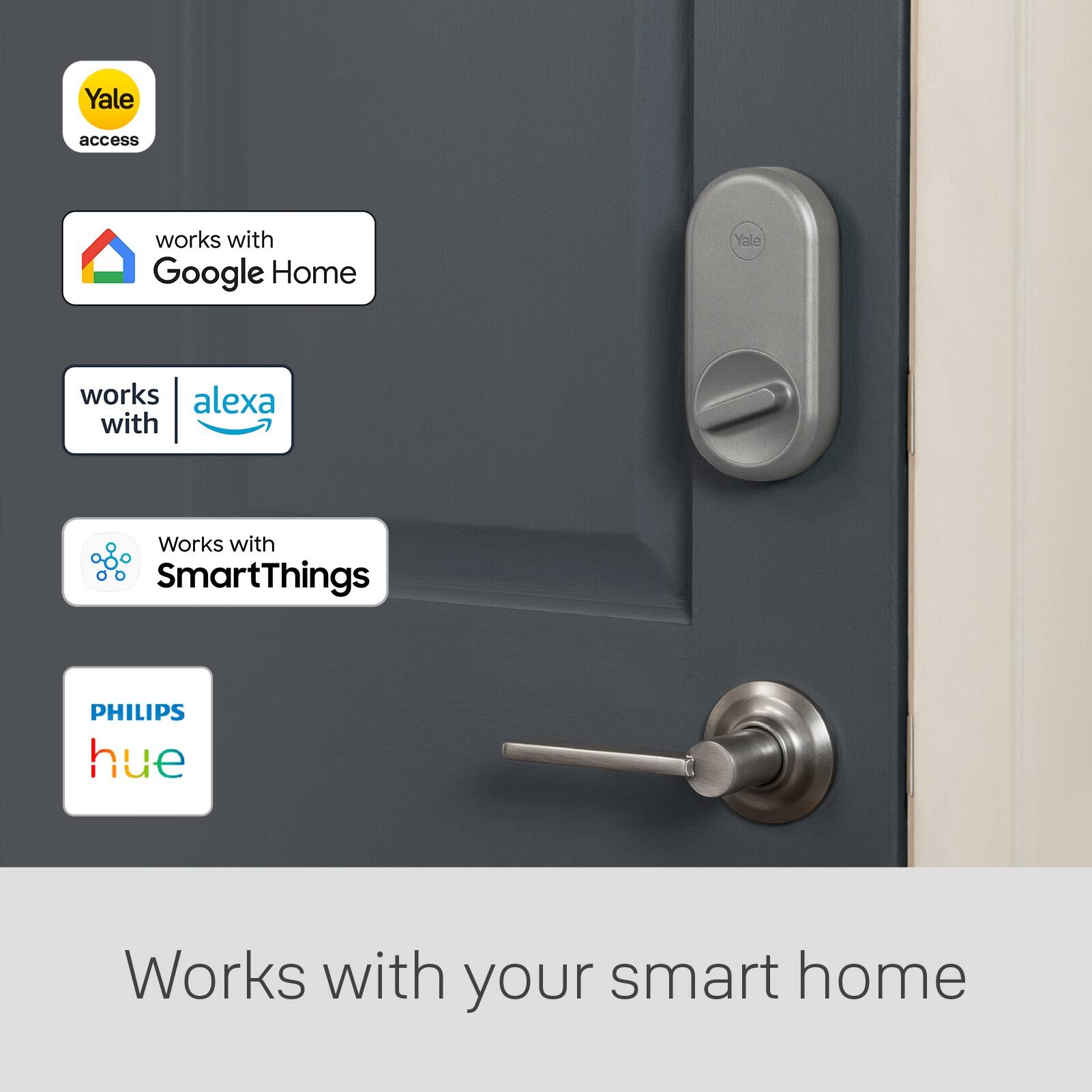 Yale access works with Google Home, Yale works with Alexa, Works with SmartThings, Philips hue works with your smart home.