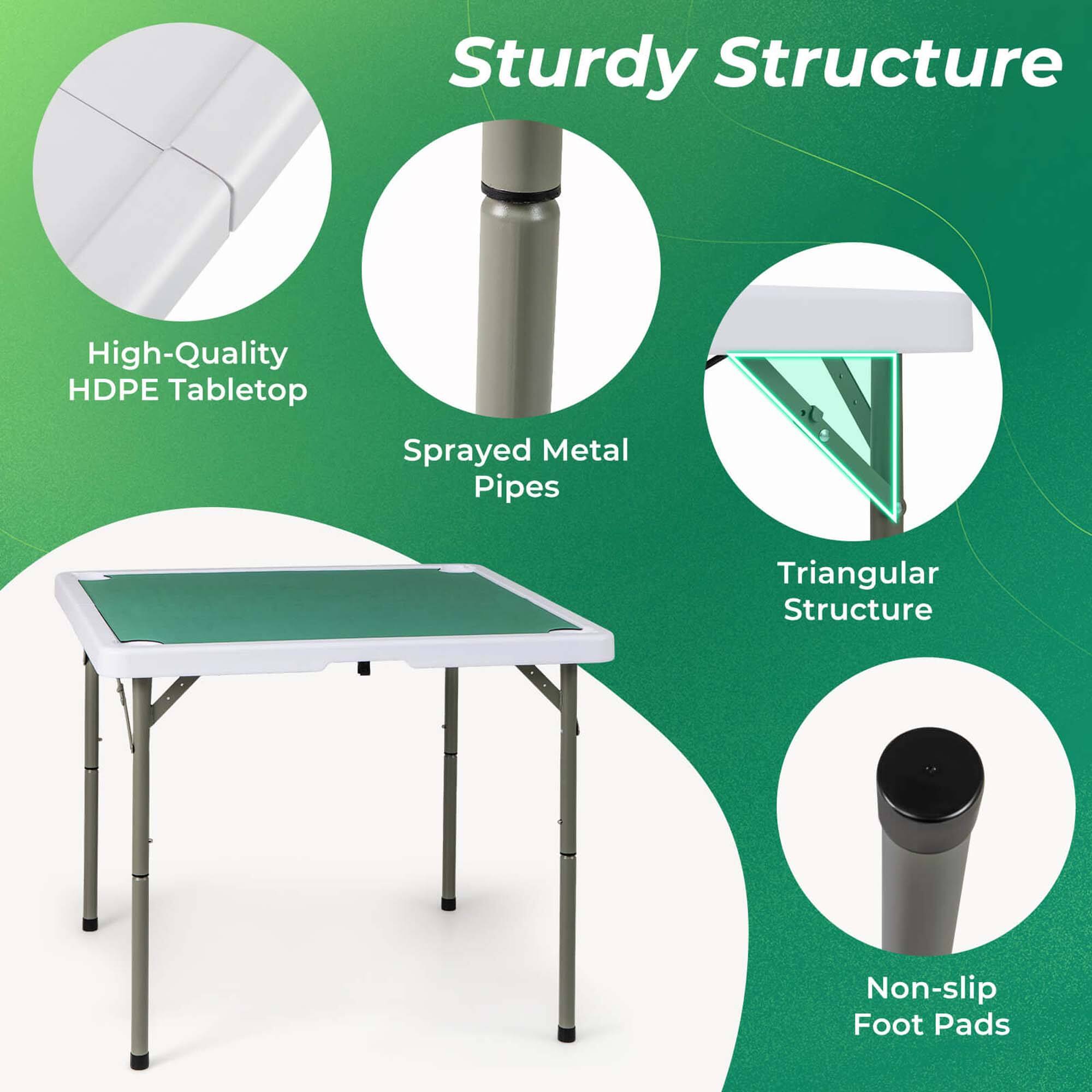 Sturdy Structure

- High-Quality HDPE Tabletop
- Sprayed Metal Pipes
- Triangular Structure
- Non-slip Foot Pads